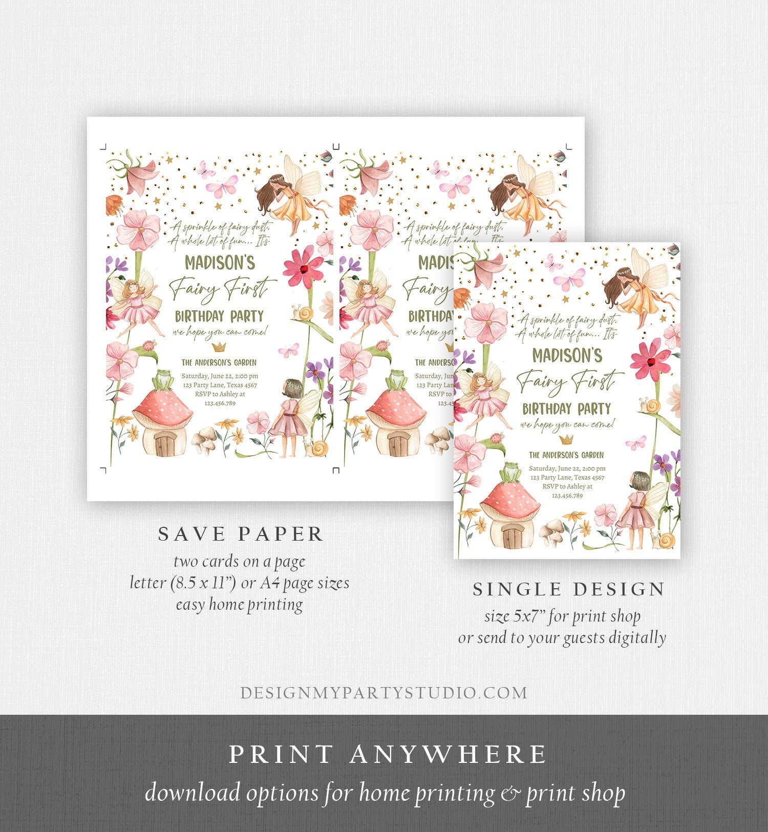 Editable Fairy First Birthday Invitation Fairy Garden Birthday Fairy Forest Girl 1st Birthday Magical Download Printable Template Corjl 0406