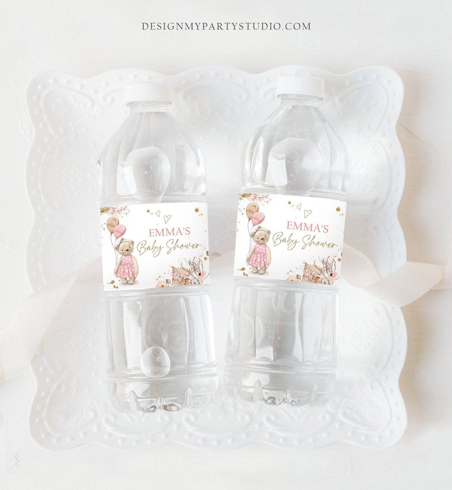 Editable Boho Teddy Bear Water Bottle Labels Bearly Wait Baby Shower Bear Girl Pink Pampas Grass Labels Tags Printable Template Corjl 0421