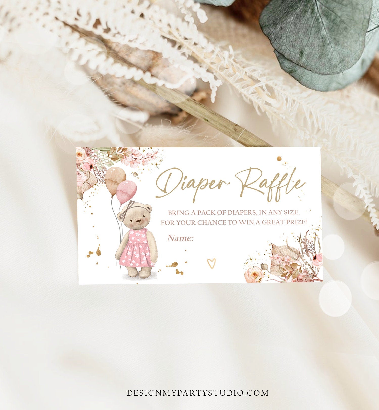 Editable Boho Teddy Bear Diaper Raffle Ticket Bear Baby Shower Pampas Grass Registry Card Diaper Game Girl Digital Template Printable 0421