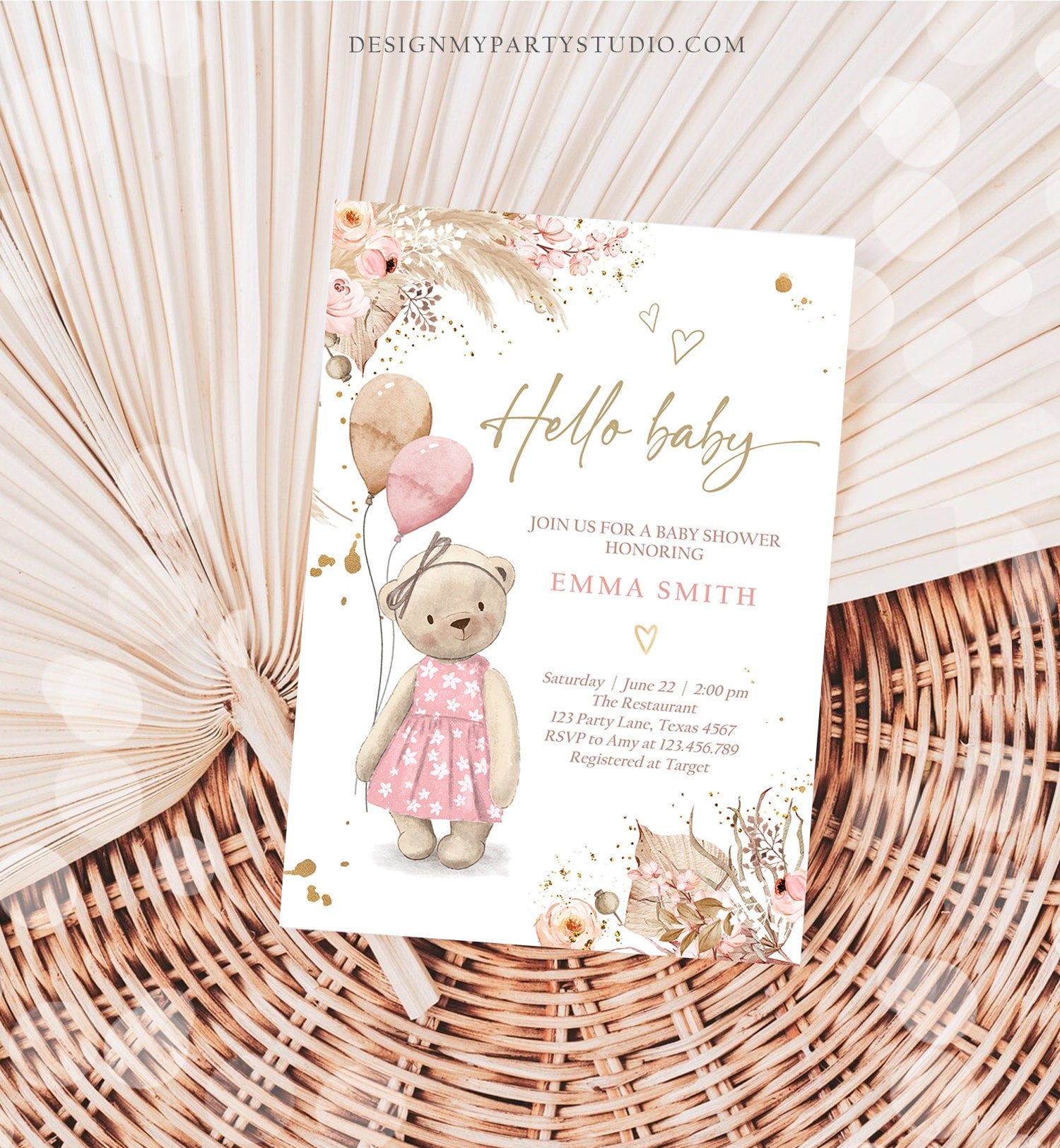 Editable Boho Teddy Bear Baby Shower Invitation We can Bearly Wait Girl Pink Bohemian Pampas Grass Cute Digital Template Printable 0421