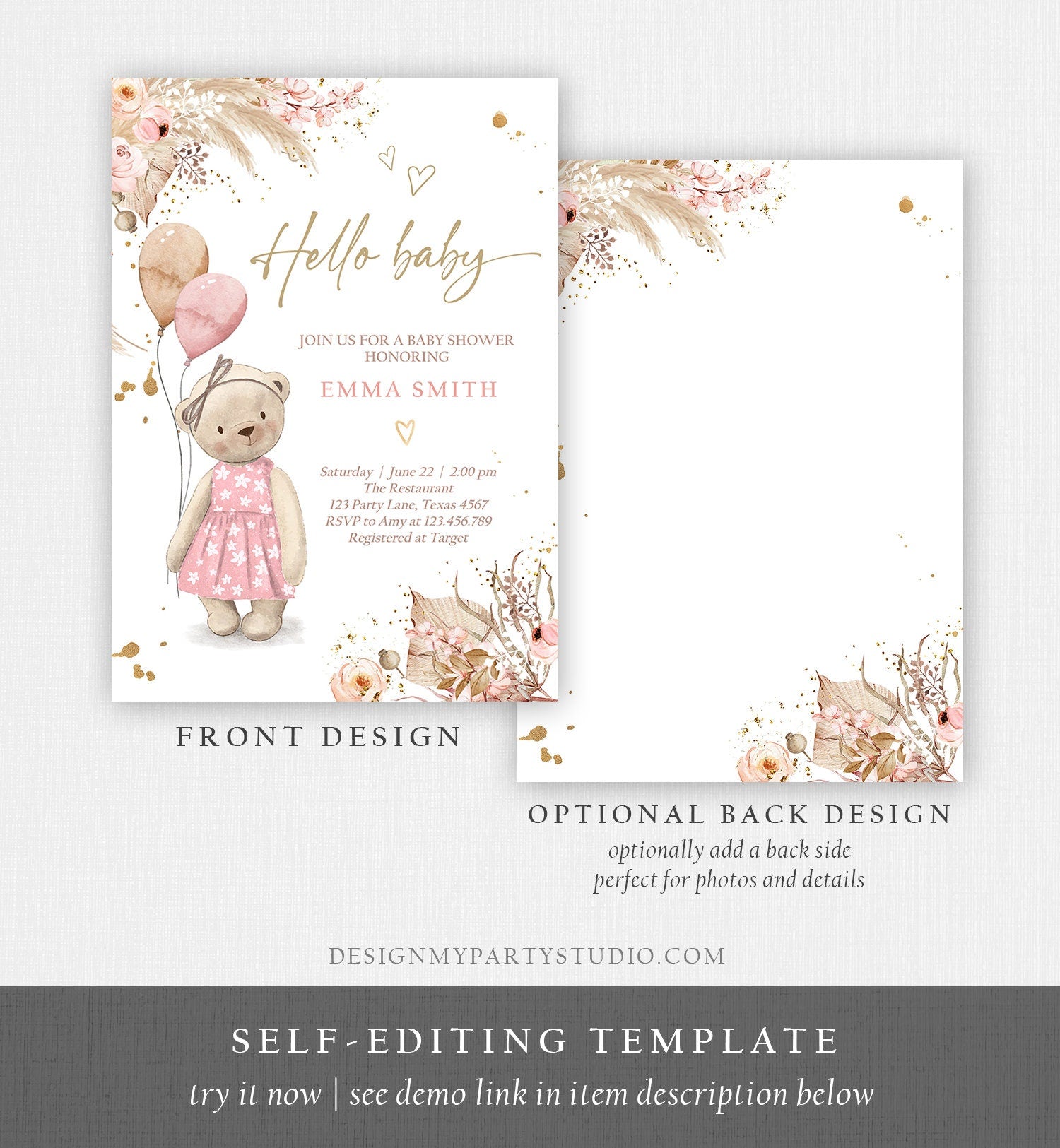 Editable Boho Teddy Bear Baby Shower Invitation We can Bearly Wait Girl Pink Bohemian Pampas Grass Cute Digital Template Printable 0421