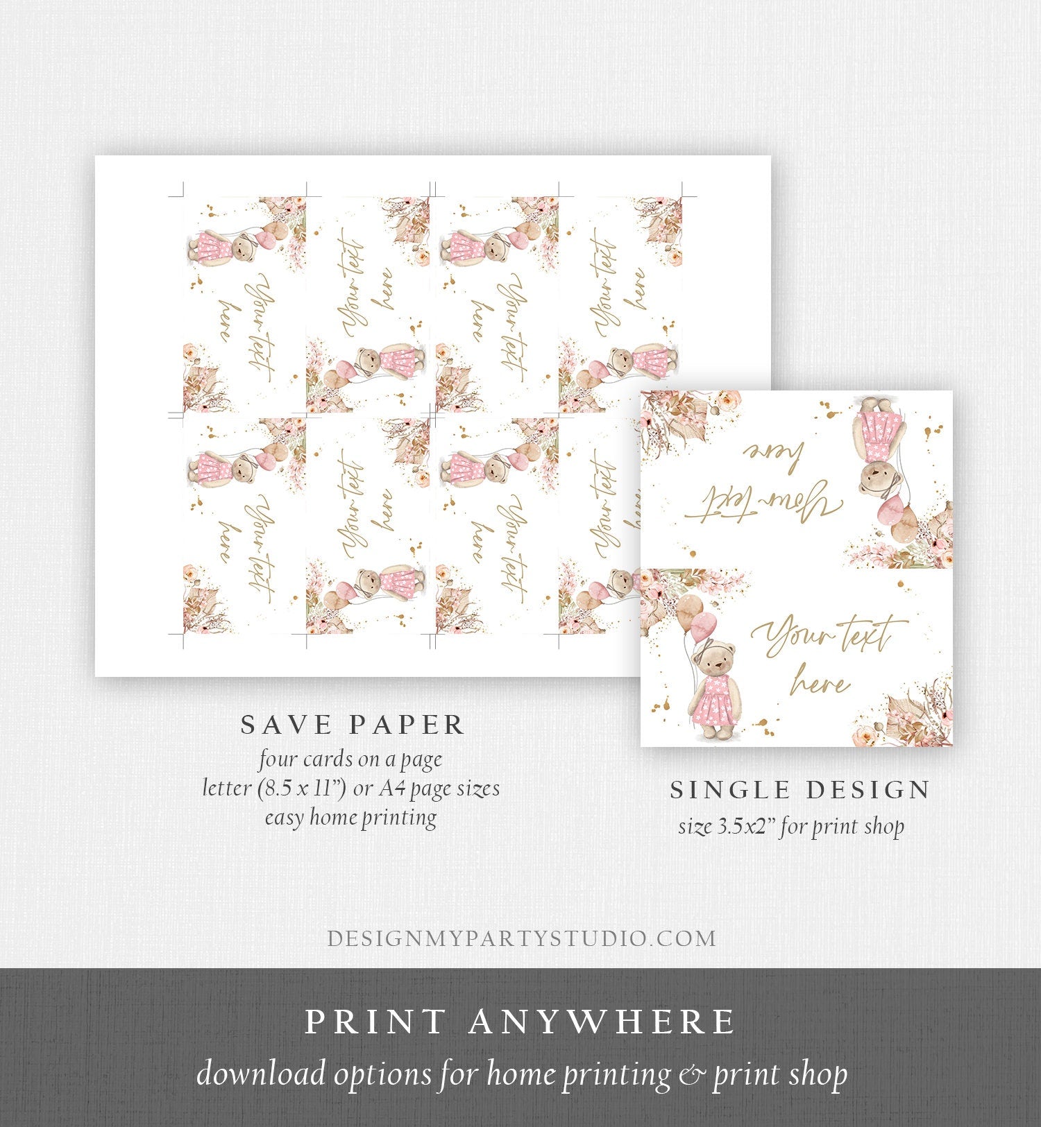 Editable Food Labels Boho Teddy Bear Baby Shower Place Card Tent Card Escort Card Pink Girl Pampas Grass Bearly Wait Template Corjl 0421