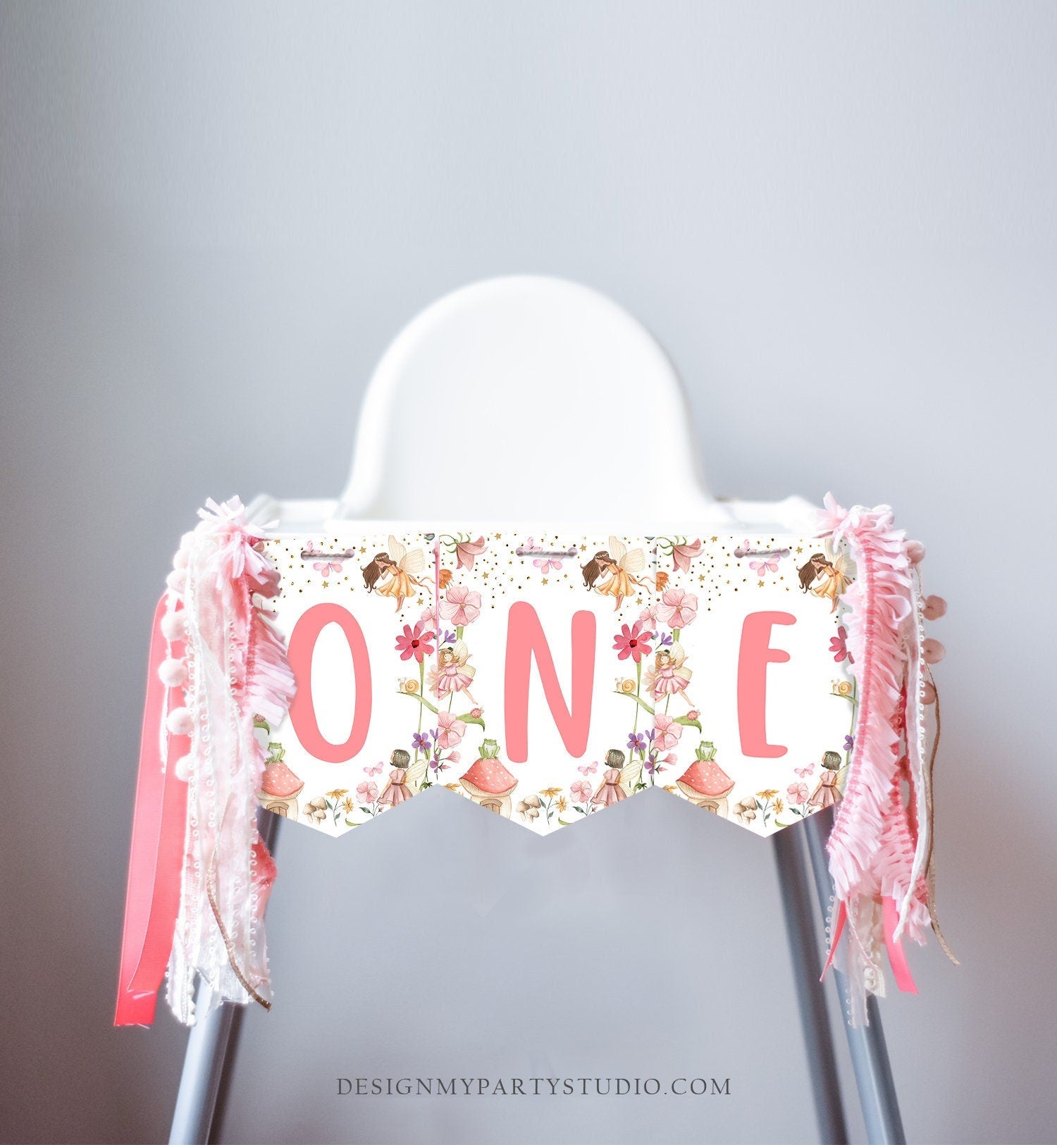 Fairy High Chair Banner Fairy First Birthday 1st First Birthday Pink High Chair Banner ONE Decor Fairy Garden Forest PRINTABLE Digital 0406