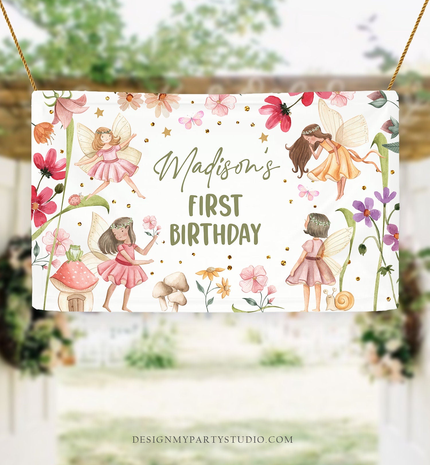Editable Fairy Birthday Backdrop Fairy First Birthday Girl Pink Fairy Forest Party Decor Magical Enchanted Corjl Template Printable 0406