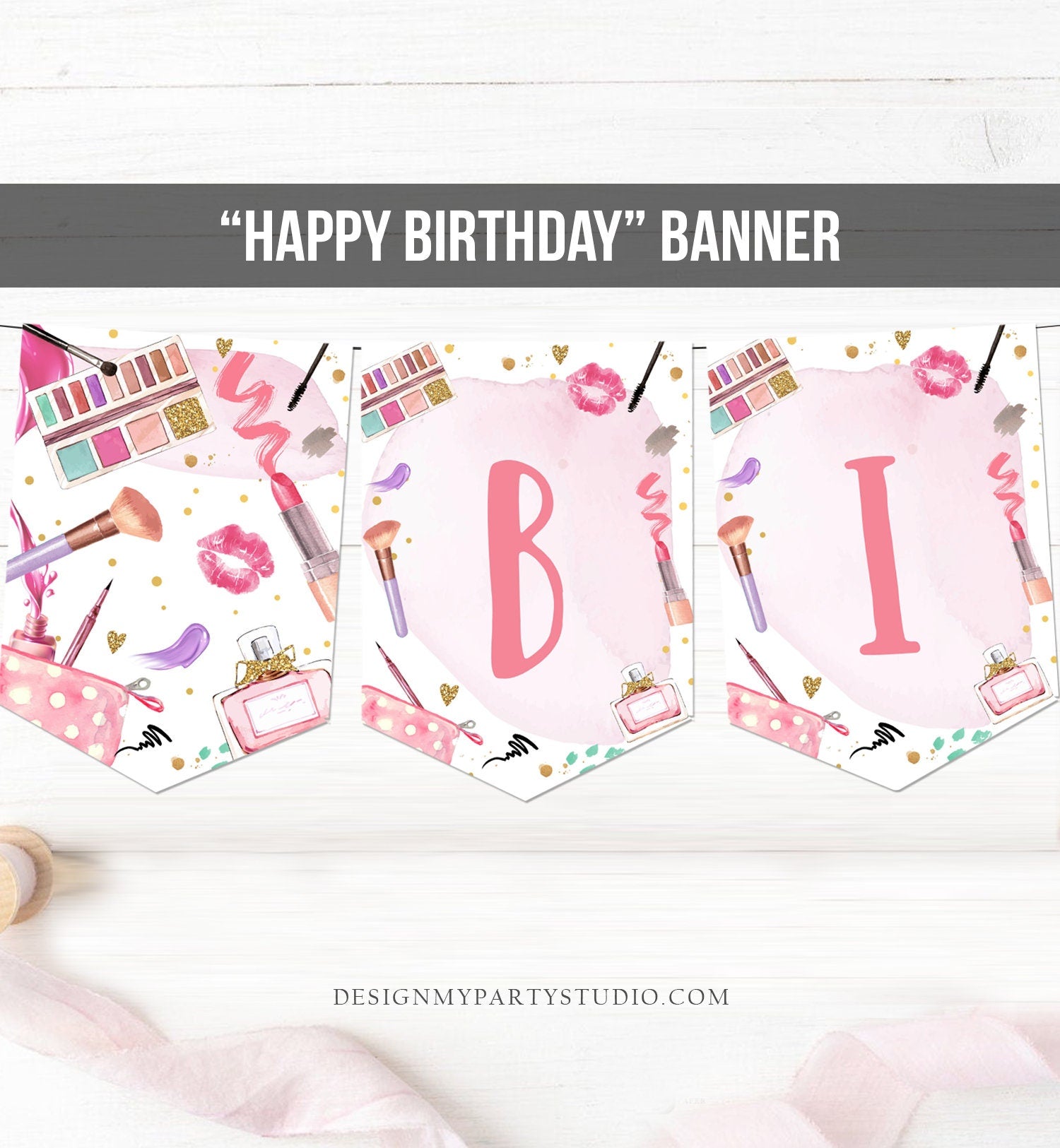 Spa Party Happy Birthday Banner Spa Glitters Glamour Banner Birthday Girl Pink Makeup Decoration Instant Digital Download Printable 0420