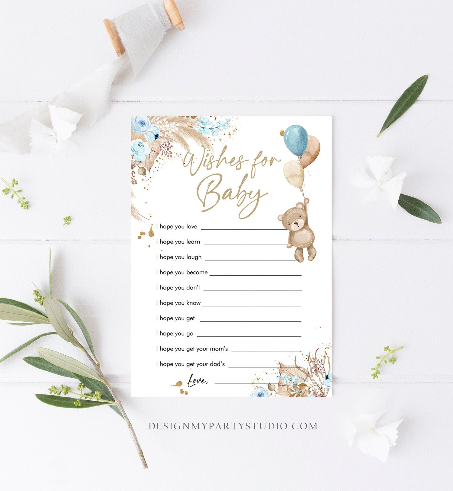 Editable Whishes for the Baby Game Baby Shower Boho Teddy Bear Baby Shower Boy Rustic Pampas Grass Bearly Digital Template Printable 0421