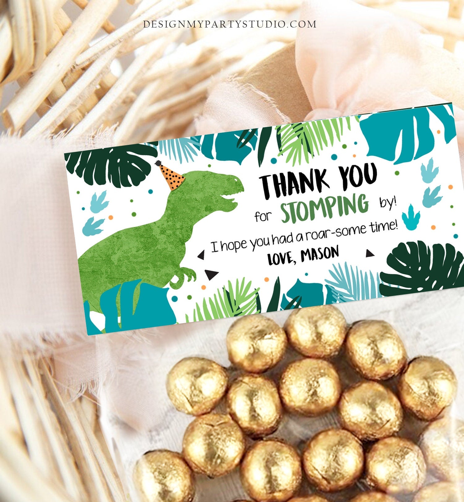 Editable Dinosaur Treat Bag Toppers Boy Dinosaur Birthday Party Thank You for Stomping By Three Rex Favor Bag Corjl Template Printable 0389