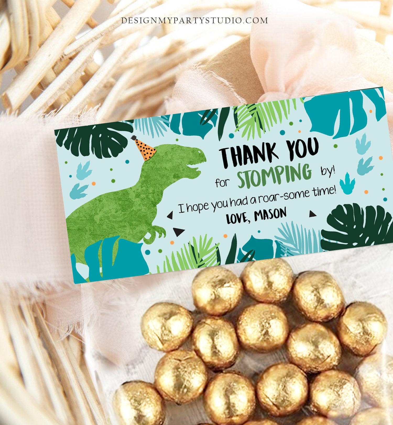 Editable Dinosaur Treat Bag Toppers Boy Dinosaur Birthday Party Thank You for Stomping By Three Rex Favor Digital Template Printable 0389