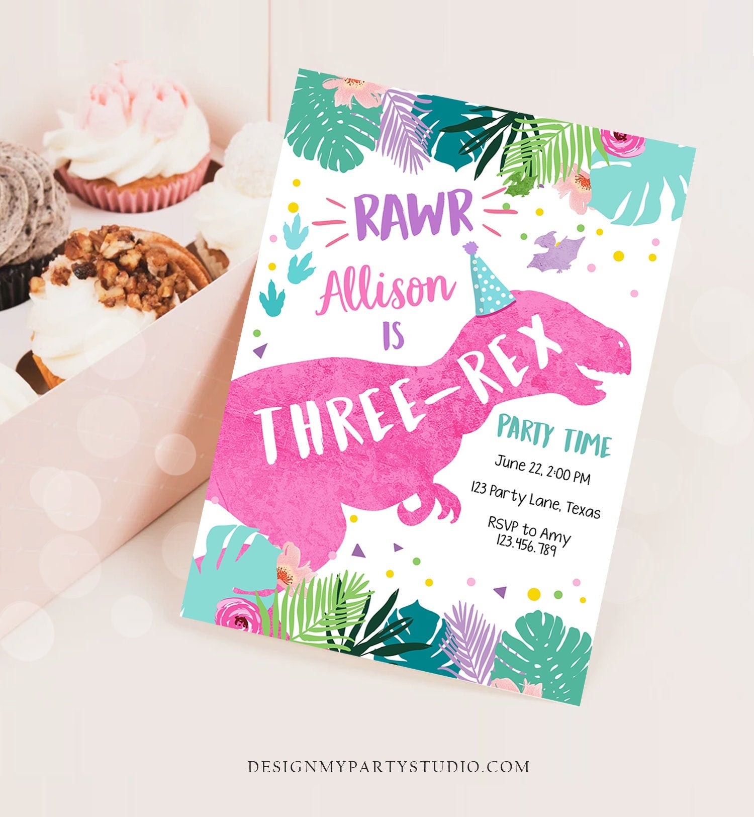 Editable Three-Rex Dinosaur Birthday Invitation Dino T-Rex Third Birthday 3rd Rawr Girl Pink Prehistoric Digital Template Printable 0423