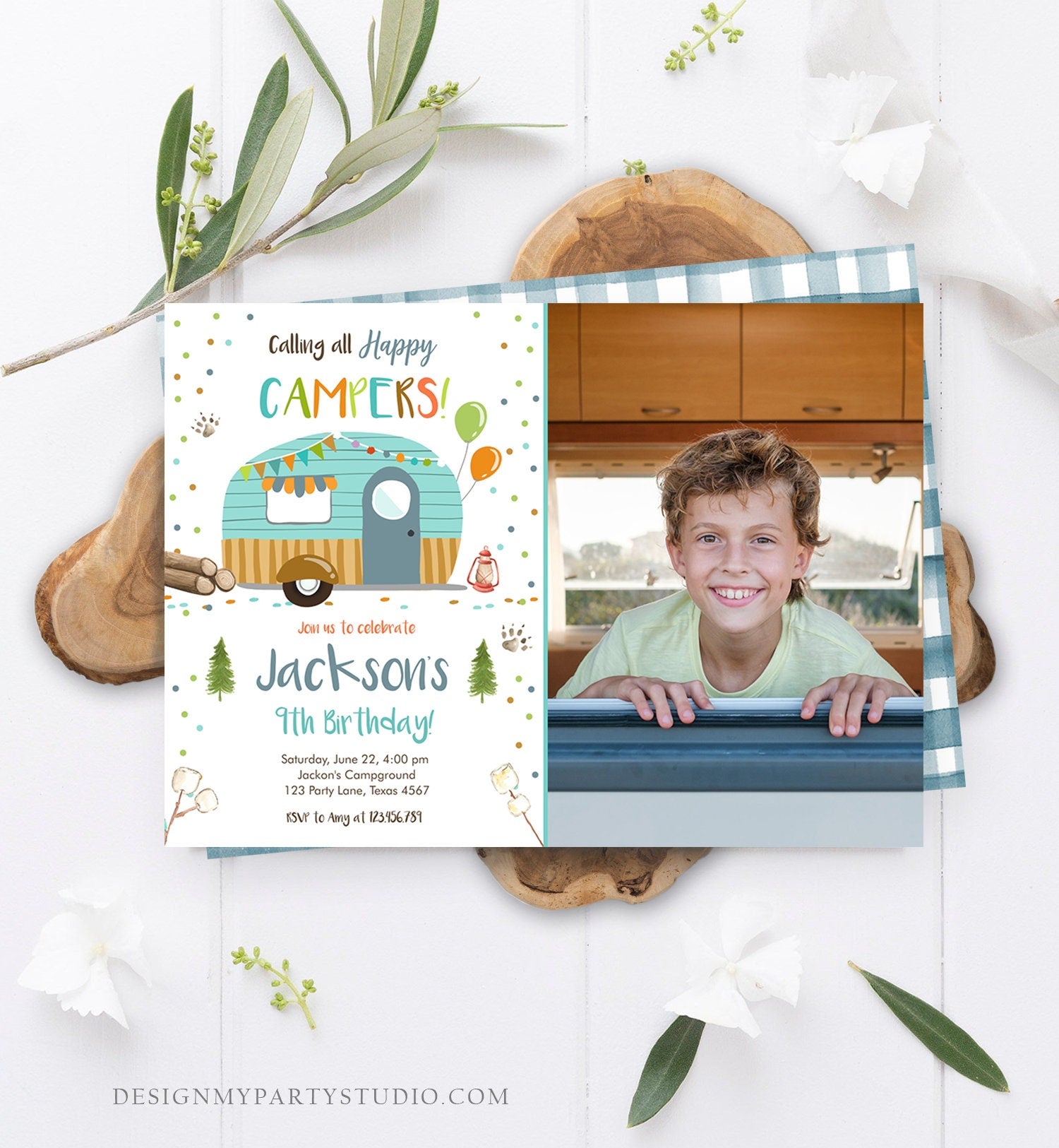 Editable Happy Camper Birthday Invitation Boy Blue Camping Party Pink Camper Glamping Digital Download Evite Template Printable 0342