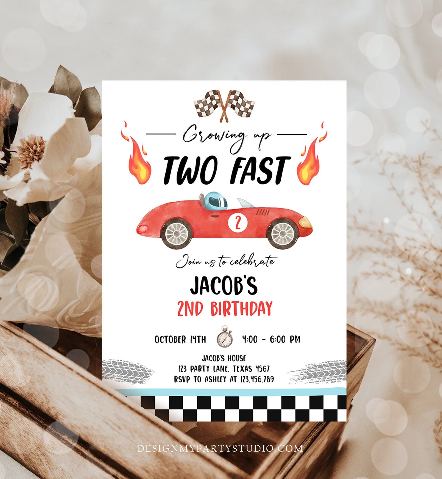 Editable Racing Car Birthday Invitation Growing Up Two Fast Invite Second Birthday 2nd Boy Download Printable Template Digital Corjl 0424