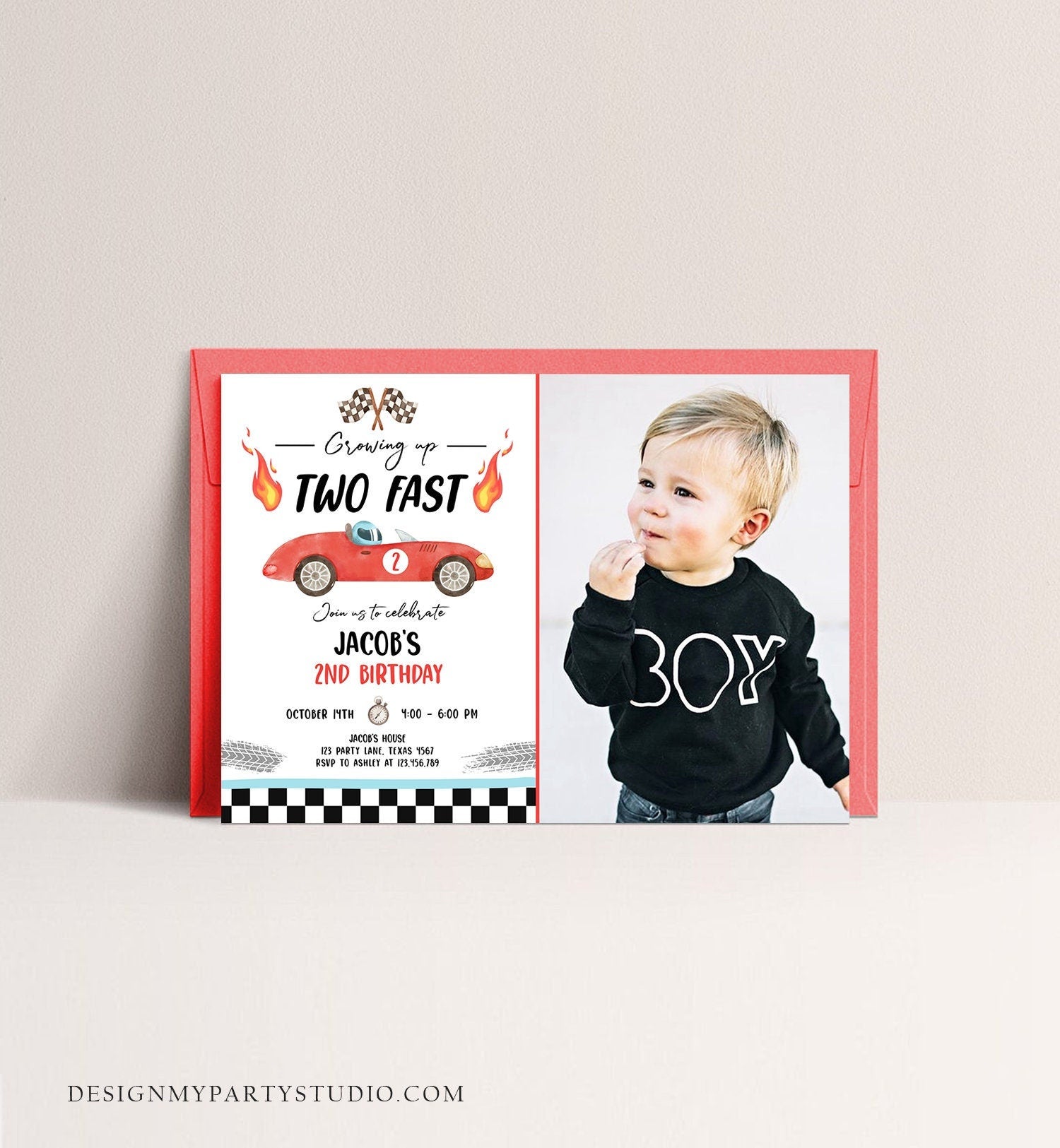 Editable Racing Car Birthday Invitation Growing Up Two Fast Invite Second Birthday 2nd Boy Digital Download Evite Template Printable 0424