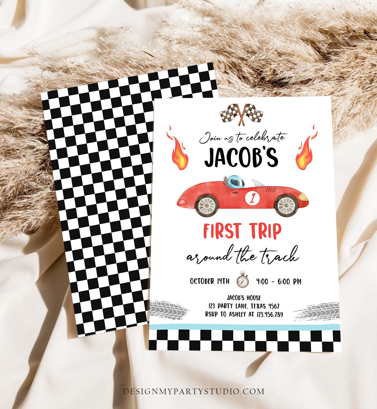Editable Race Car 1st Birthday Invitation First Trip Around the Track First Birthday Racing Download Printable Template Digital Corjl 0424