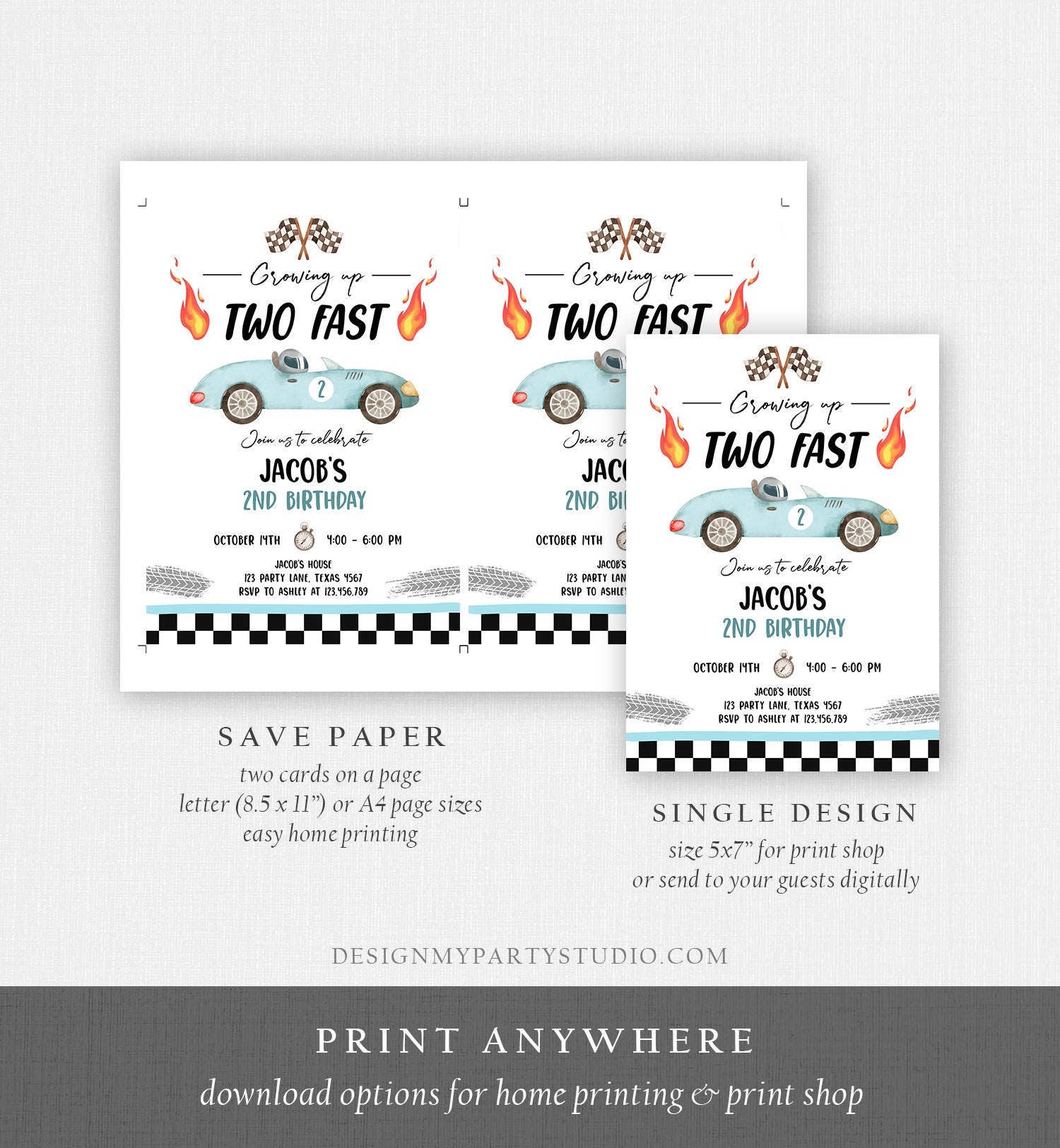 Editable Racing Car Birthday Invitation Growing Up Two Fast Second Birthday 2nd Blue Race Boy Digital Download Evite Template Printable 0424