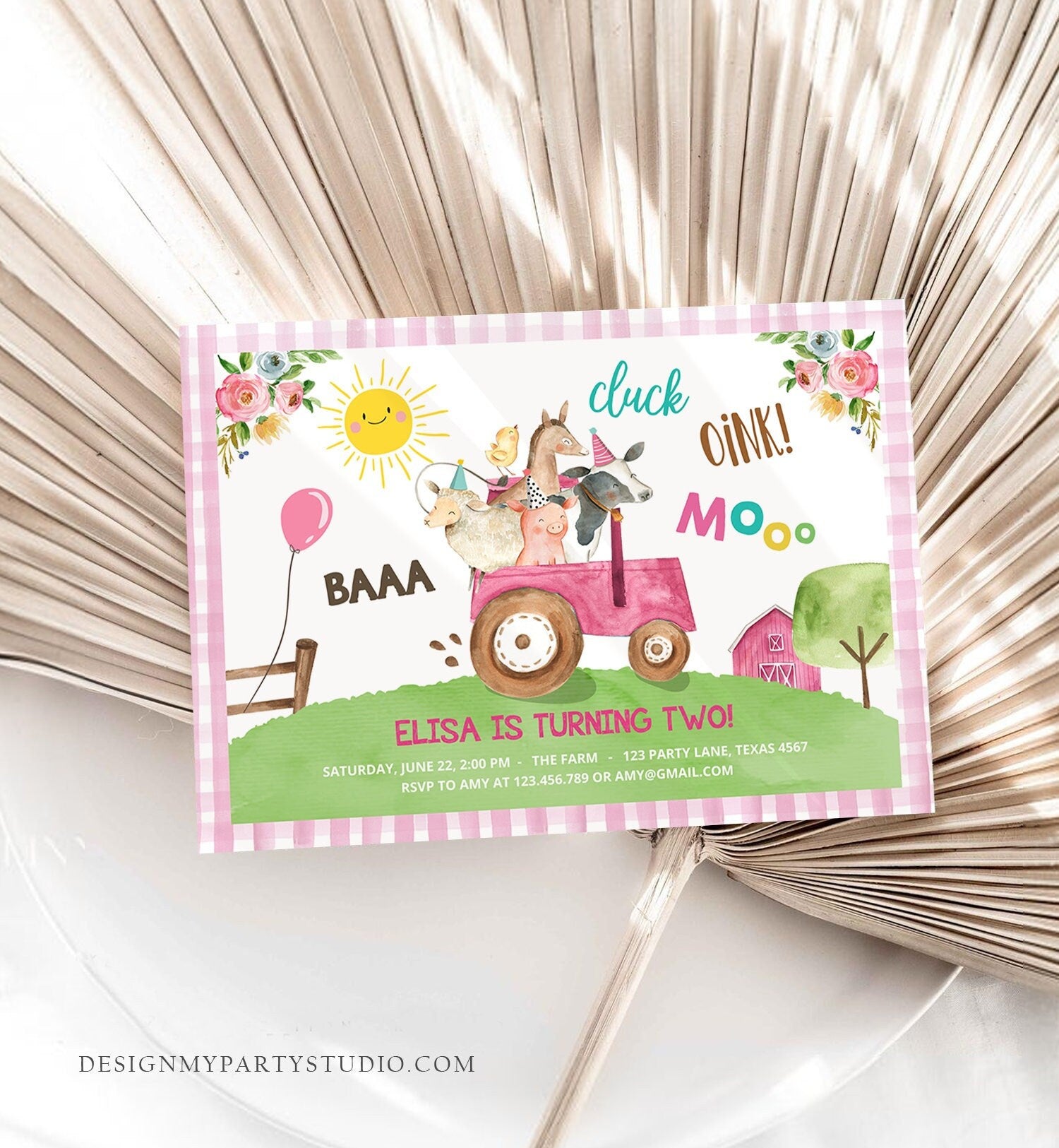 Editable Farm Birthday Invitation Girl Farm Animals Pink Floral Pink Gingham Party Tractor Digital Download Corjl Template Printable 0155
