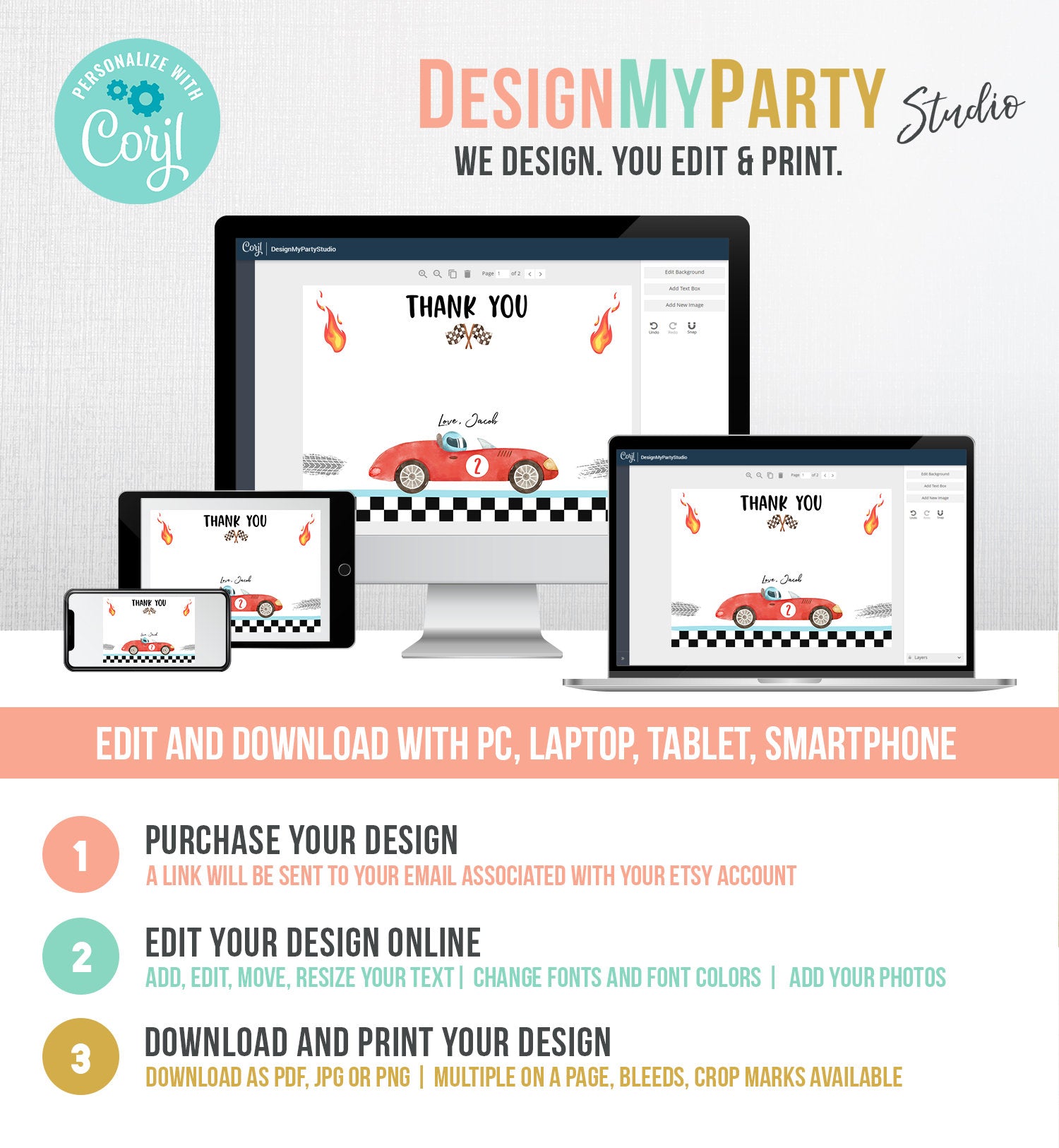 Editable Race Car Thank You Card Two Fast Birthday Boy Red Racing Car Note Birthday Fast One Digital Download Template Printable 0424