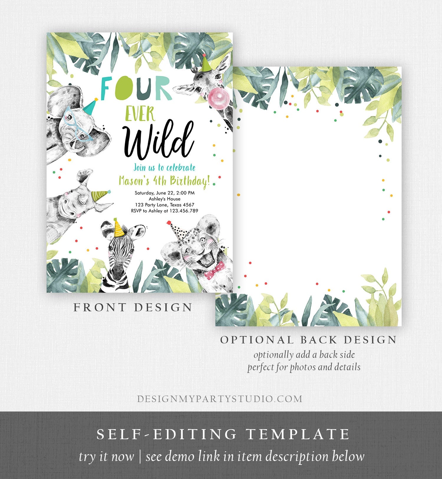 Editable Four Ever Wild Birthday Invitation Safari Animals Party Animals Boy Gold Fourth 4th Zoo Digital Template Evite Printable 0322