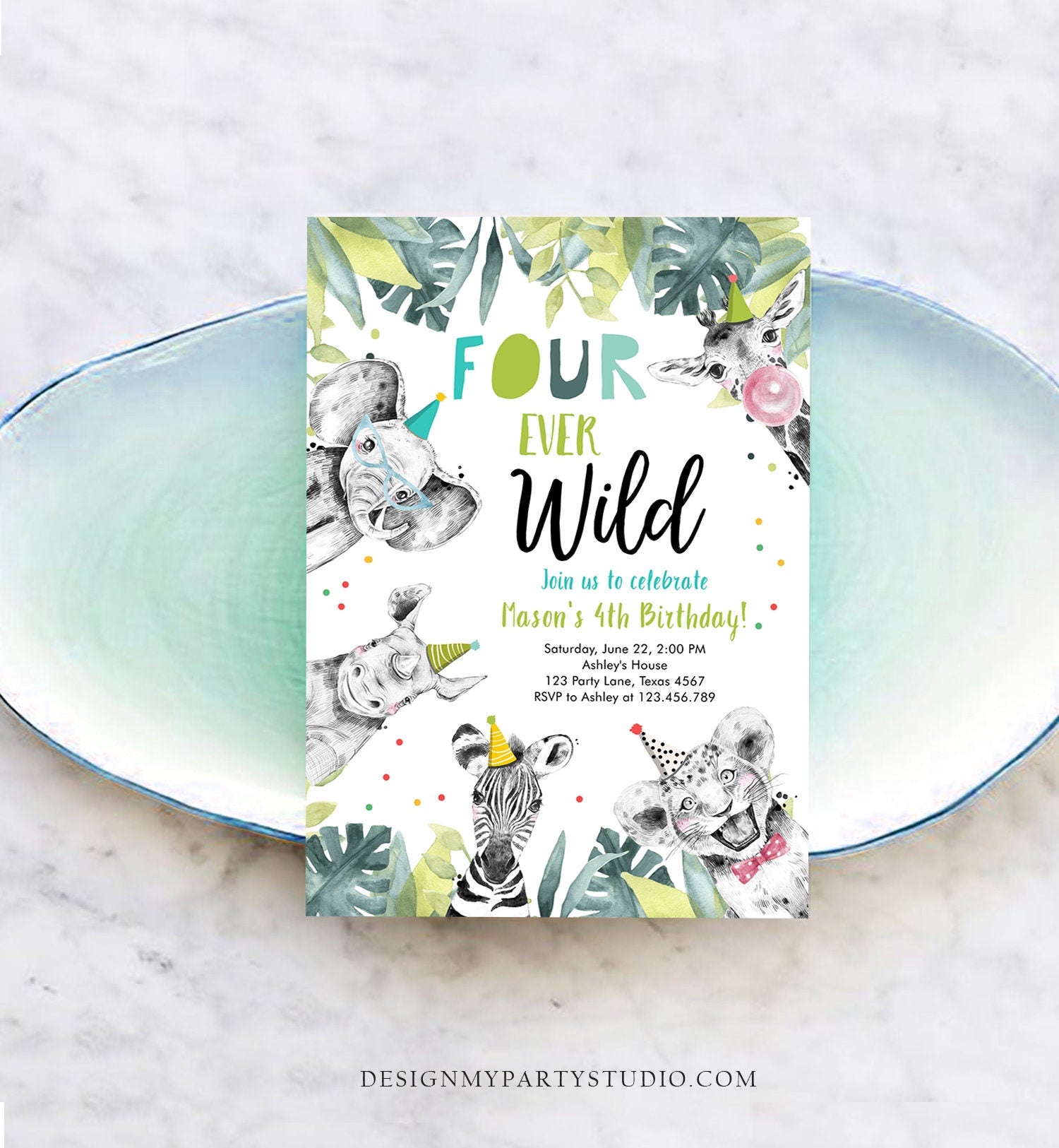 Editable Four Ever Wild Birthday Invitation Safari Animals Party Animals Boy Gold Fourth 4th Zoo Digital Template Evite Printable 0322