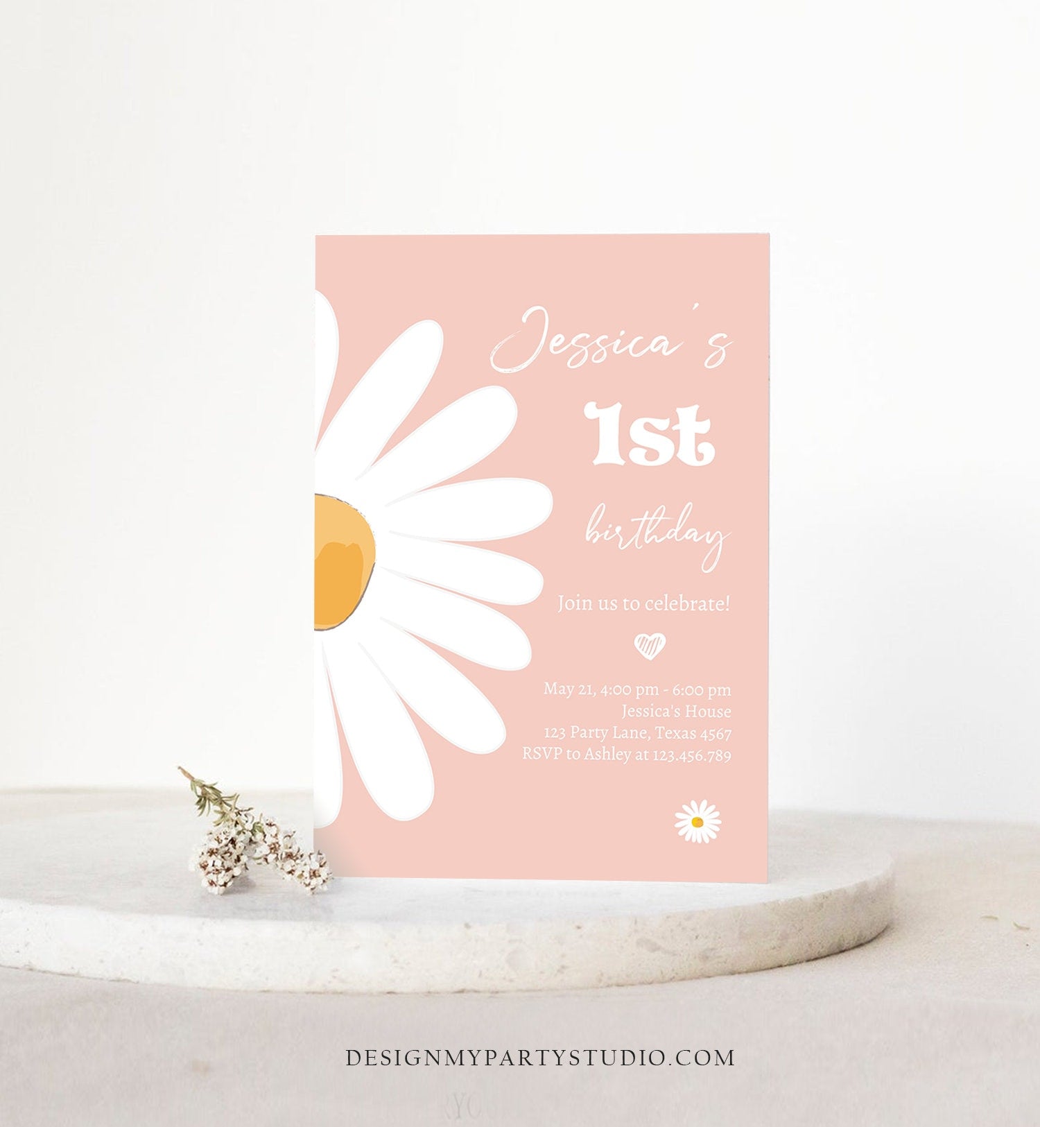 Editable Daisy Birthday Party Invitation 1st Birthday One Party Bohemian Girl Boho Pink First Digital Download Evite Template Printable 0410
