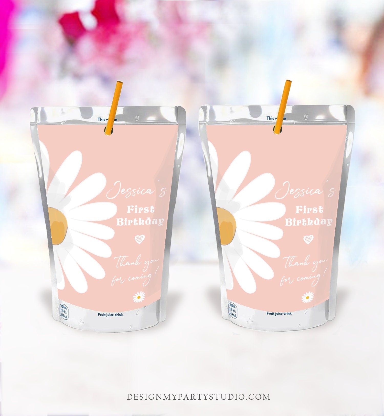 Editable Daisy Birthday Juice Pouch Label Juice Favors Daisy Boho Birthday Party Girl Wildflower Digital Download Template Printable 0410