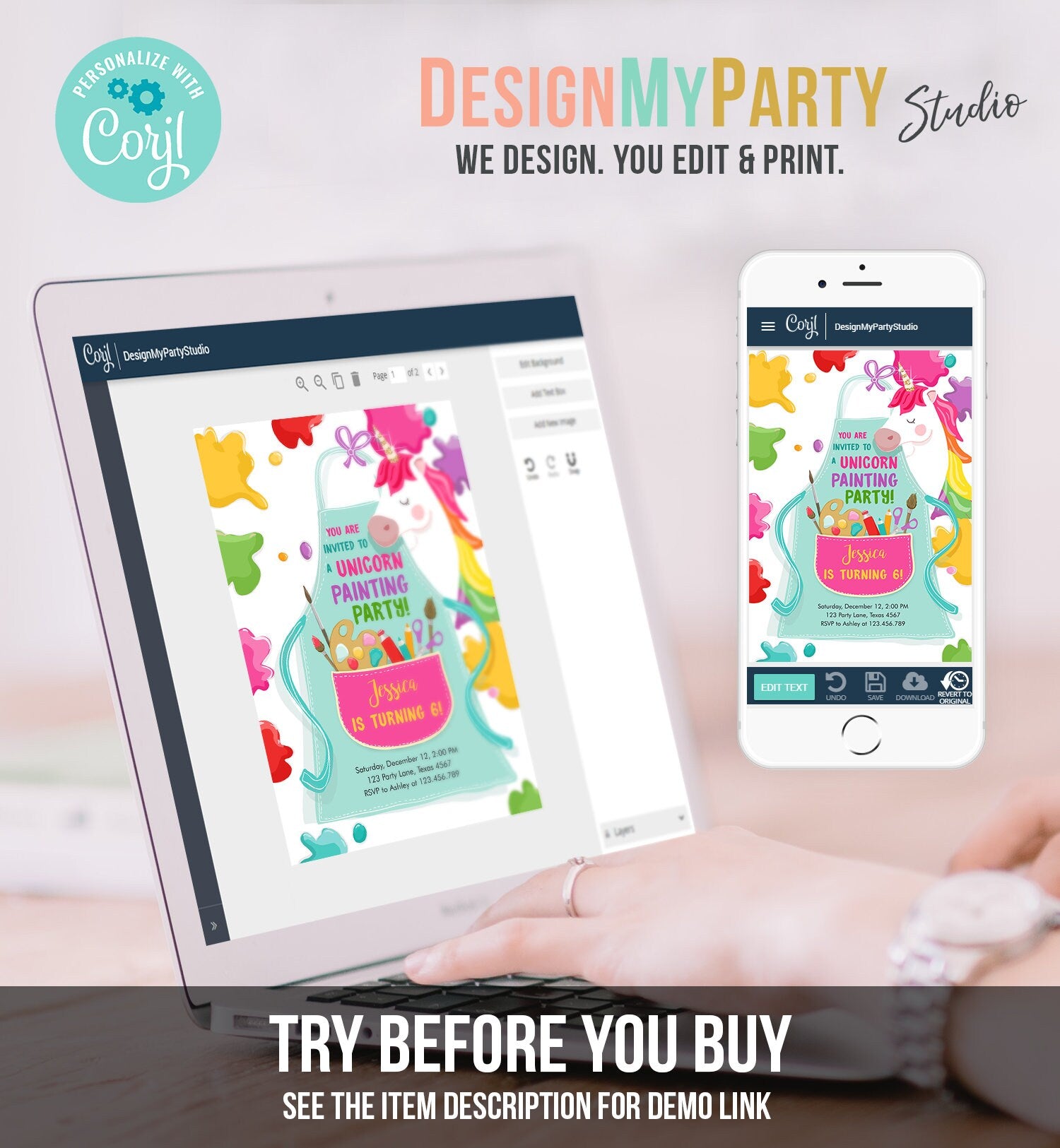 Editable Unicorn Painting Party Invitation Art Party Birthday Girl Paint Craft Party Digital Download Evite Template Printable 0319