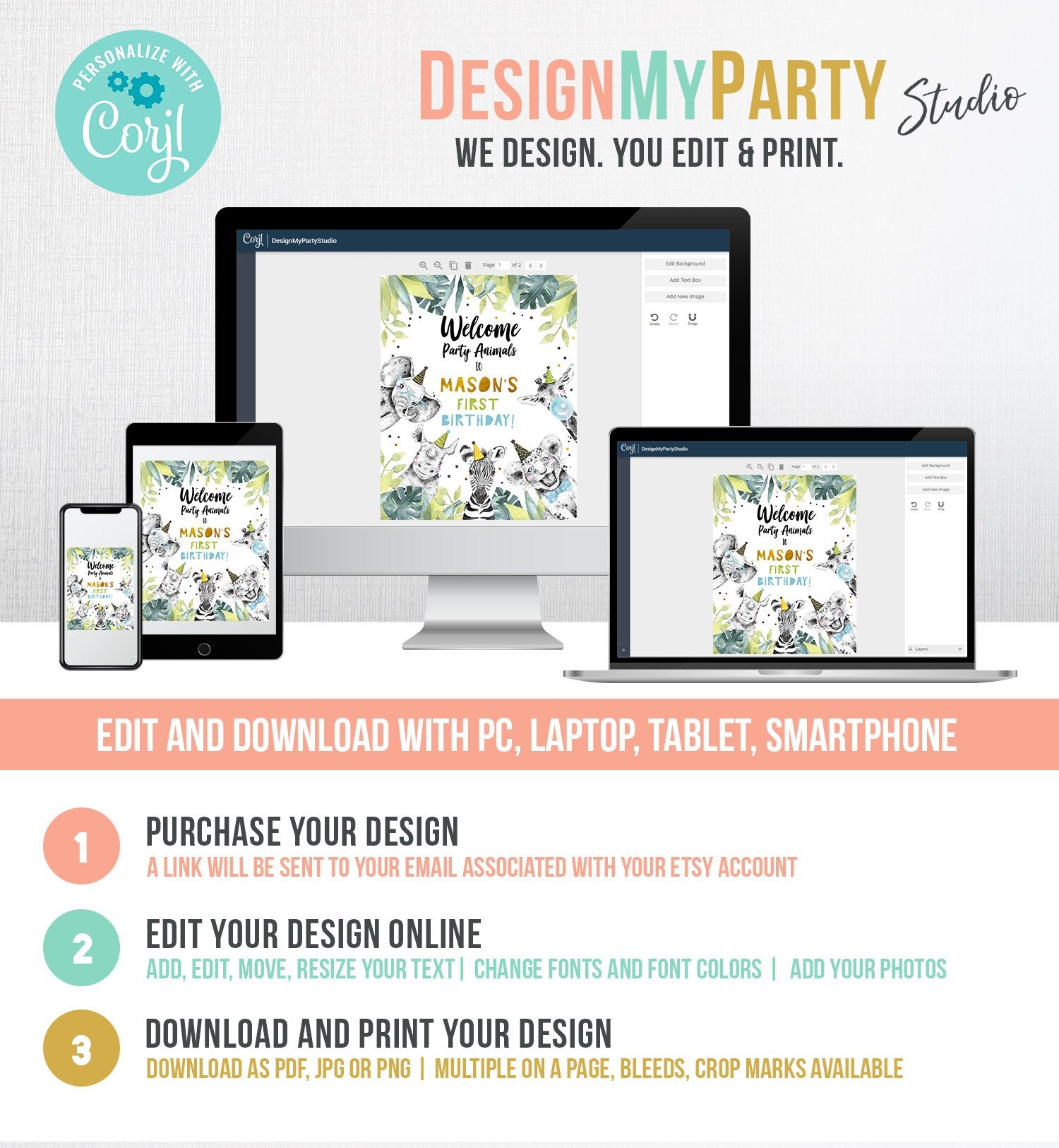 Editable Party Animals Welcome Sign Boy Birthday Party Safari Animals Sign Welcome Jungle Gold Table Sign Digital Template Printable 0322