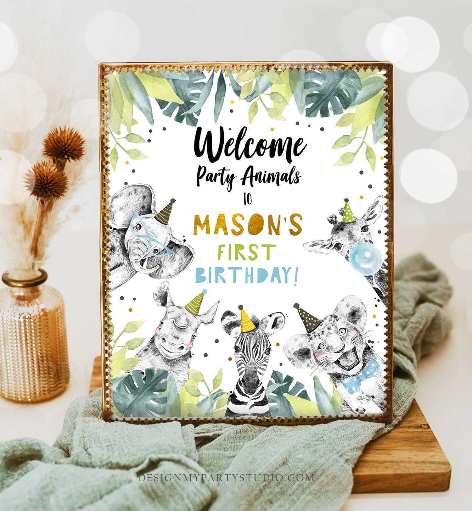 Editable Party Animals Welcome Sign Boy Birthday Party Safari Animals Sign Welcome Jungle Gold Table Sign Digital Template Printable 0322