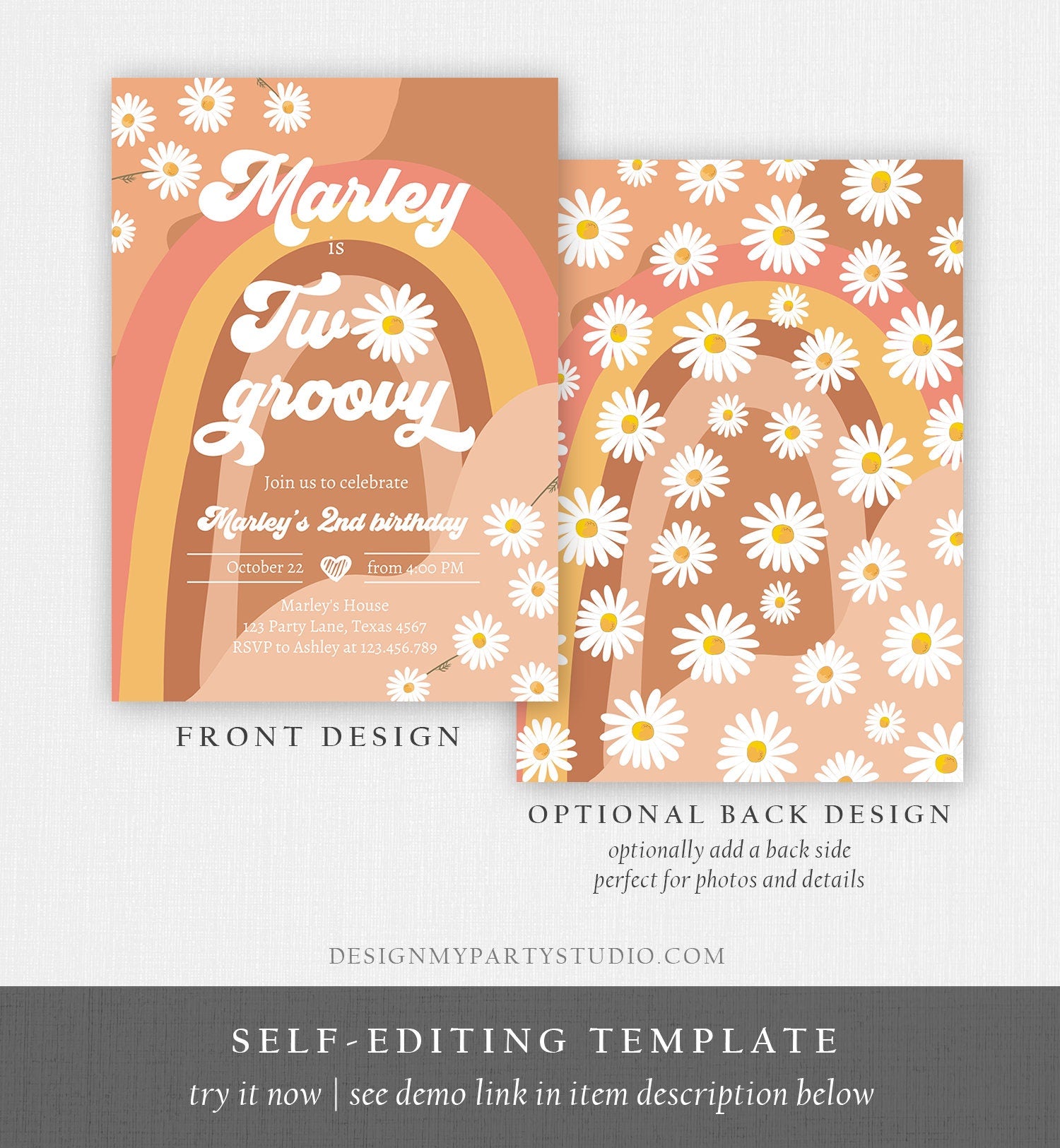 Editable Two Groovy Birthday Party Invitation 2nd Birthday Boho Retro Flower Power 70's Daisy Digital Download Template Printable 0428