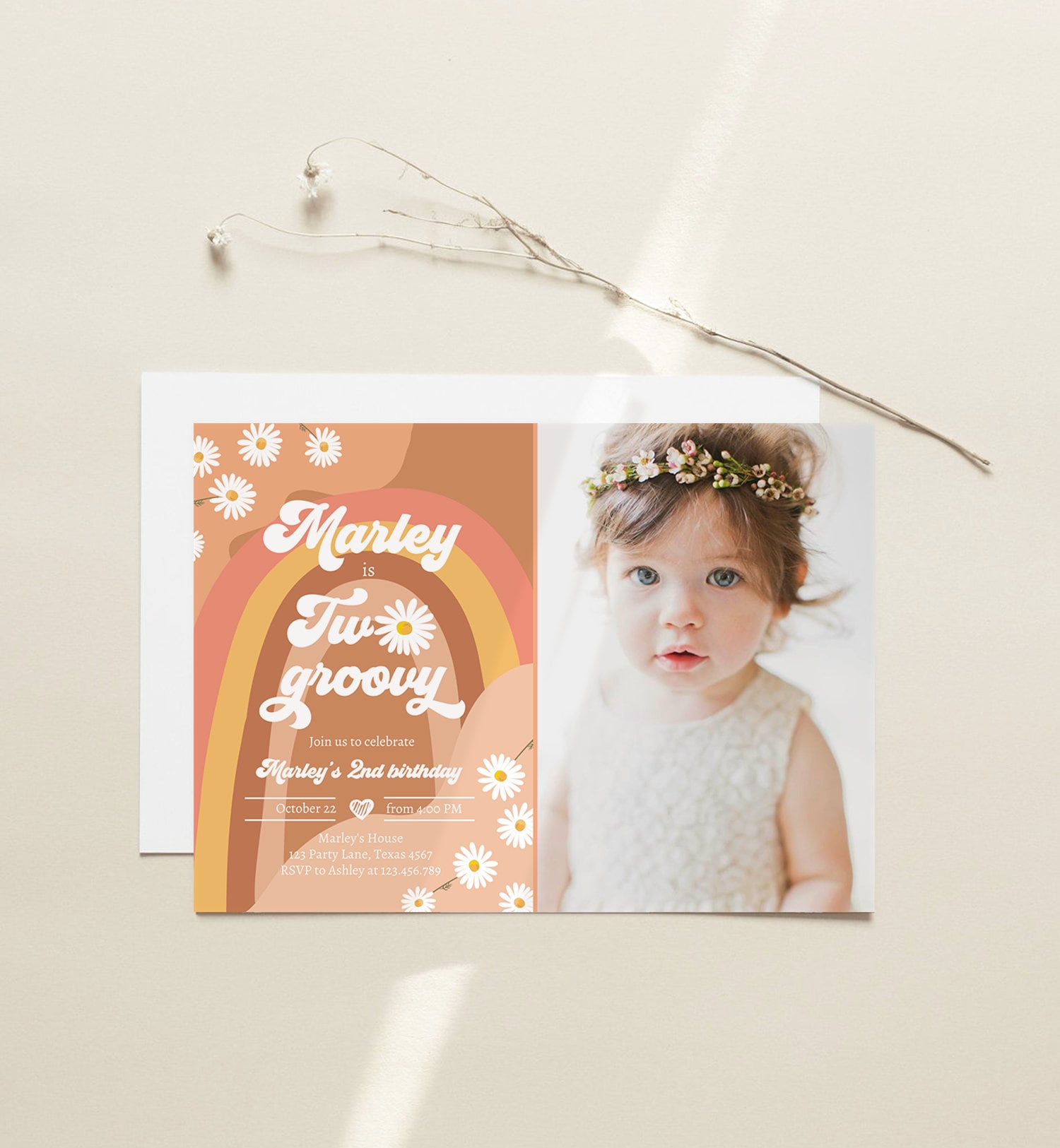 Editable Two Groovy Birthday Party Invitation 2nd Birthday Boho Retro Flower Power 70's Daisy Download Printable Template Corjl Digital 0428