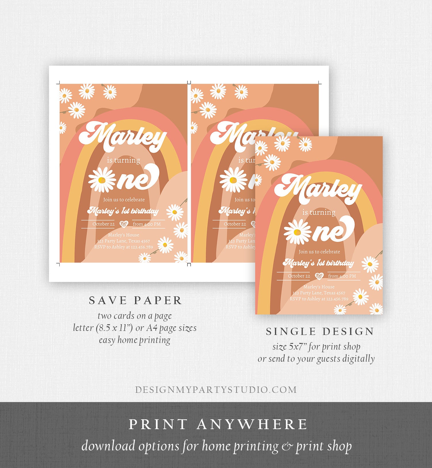 Editable Groovy Retro 1st Birthday Invitation First Birthday Retro Floral 70s Flower Power Festival Download Template Corjl Digital 0428