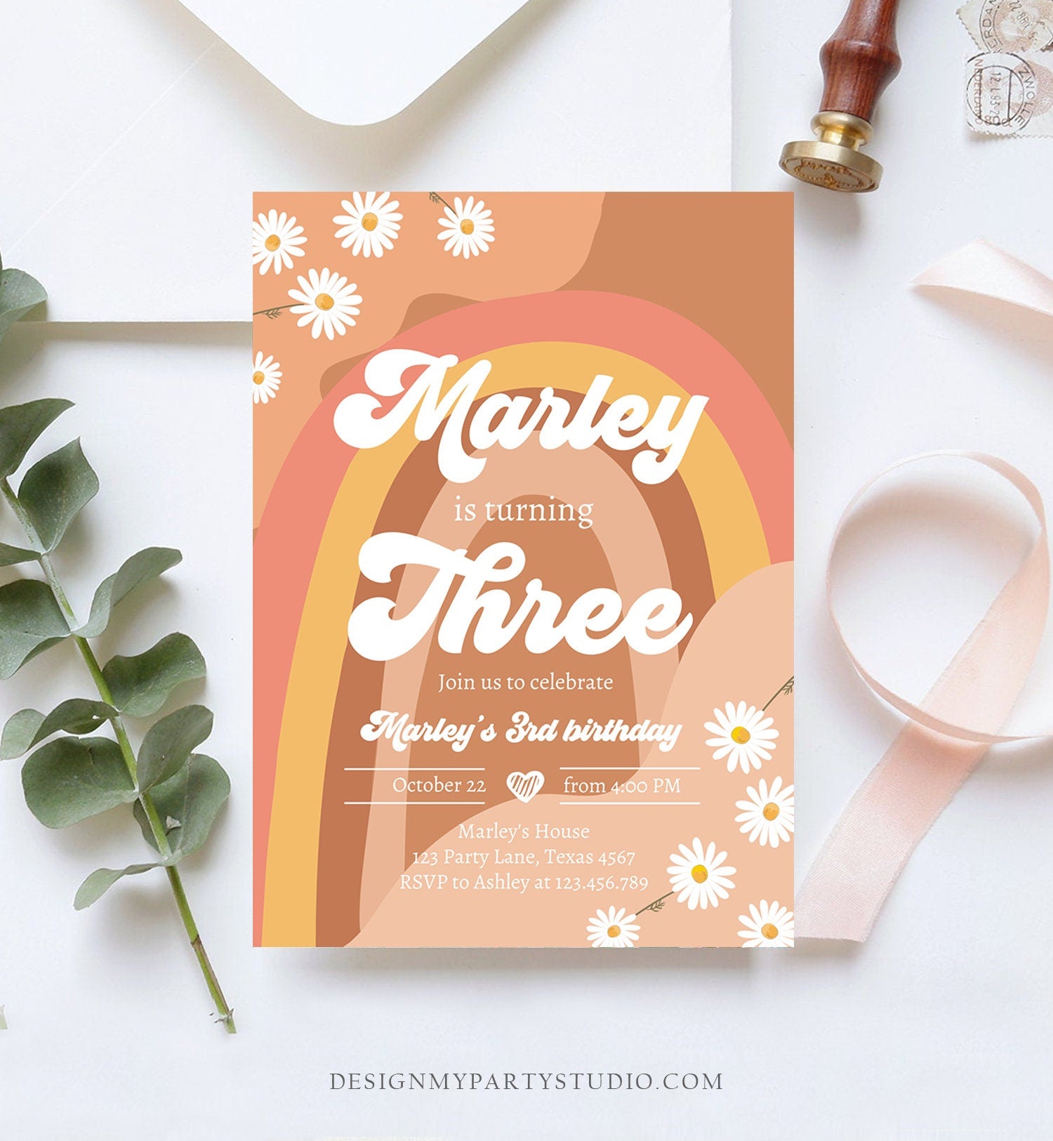 Editable Groovy Retro 3rd Birthday Invitation Three Birthday Retro Floral 70s Flower Power Festival Digital Evite Template Printable 0428