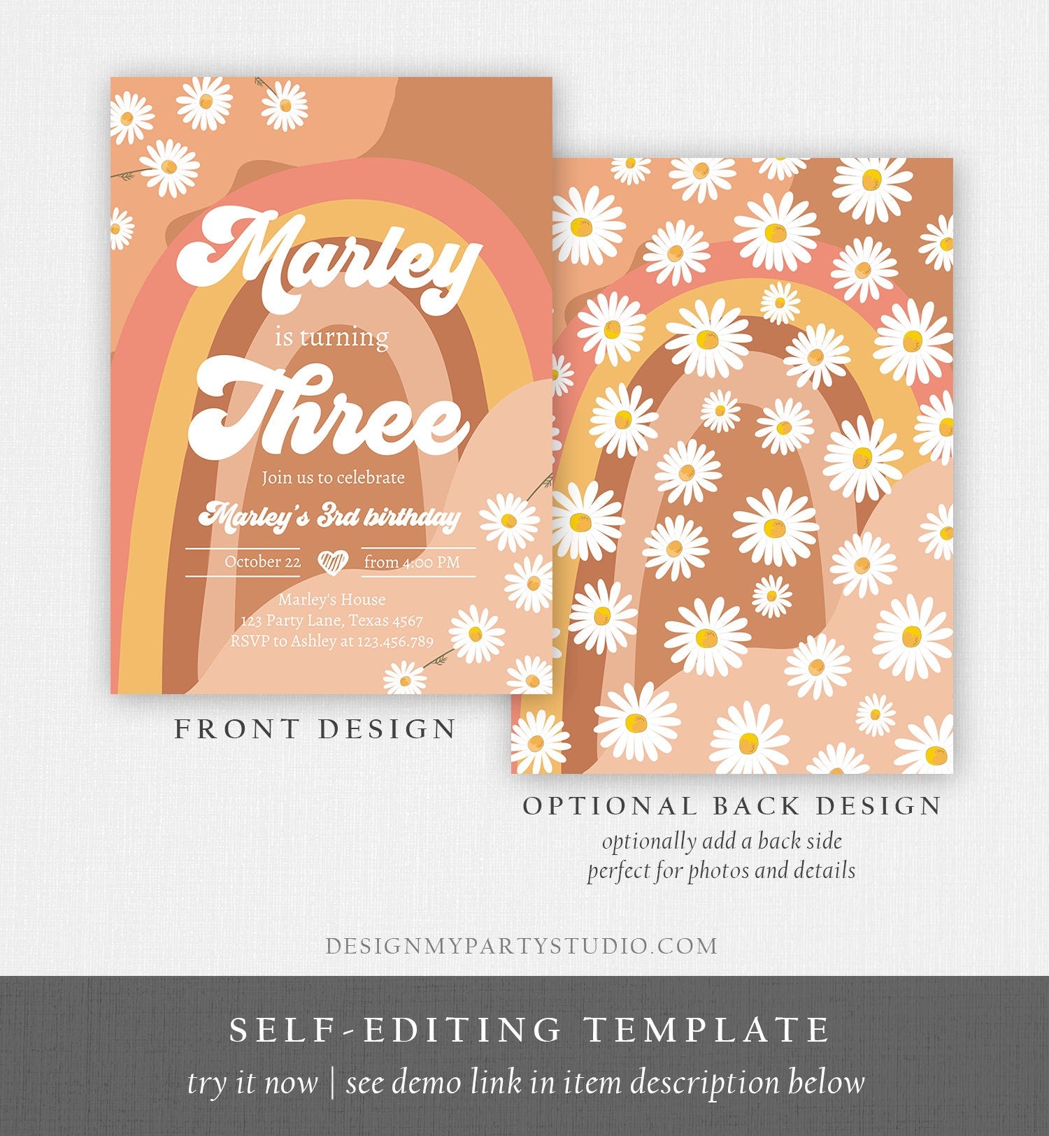 Editable Groovy Retro 3rd Birthday Invitation Three Birthday Retro Floral 70s Flower Power Festival Digital Evite Template Printable 0428
