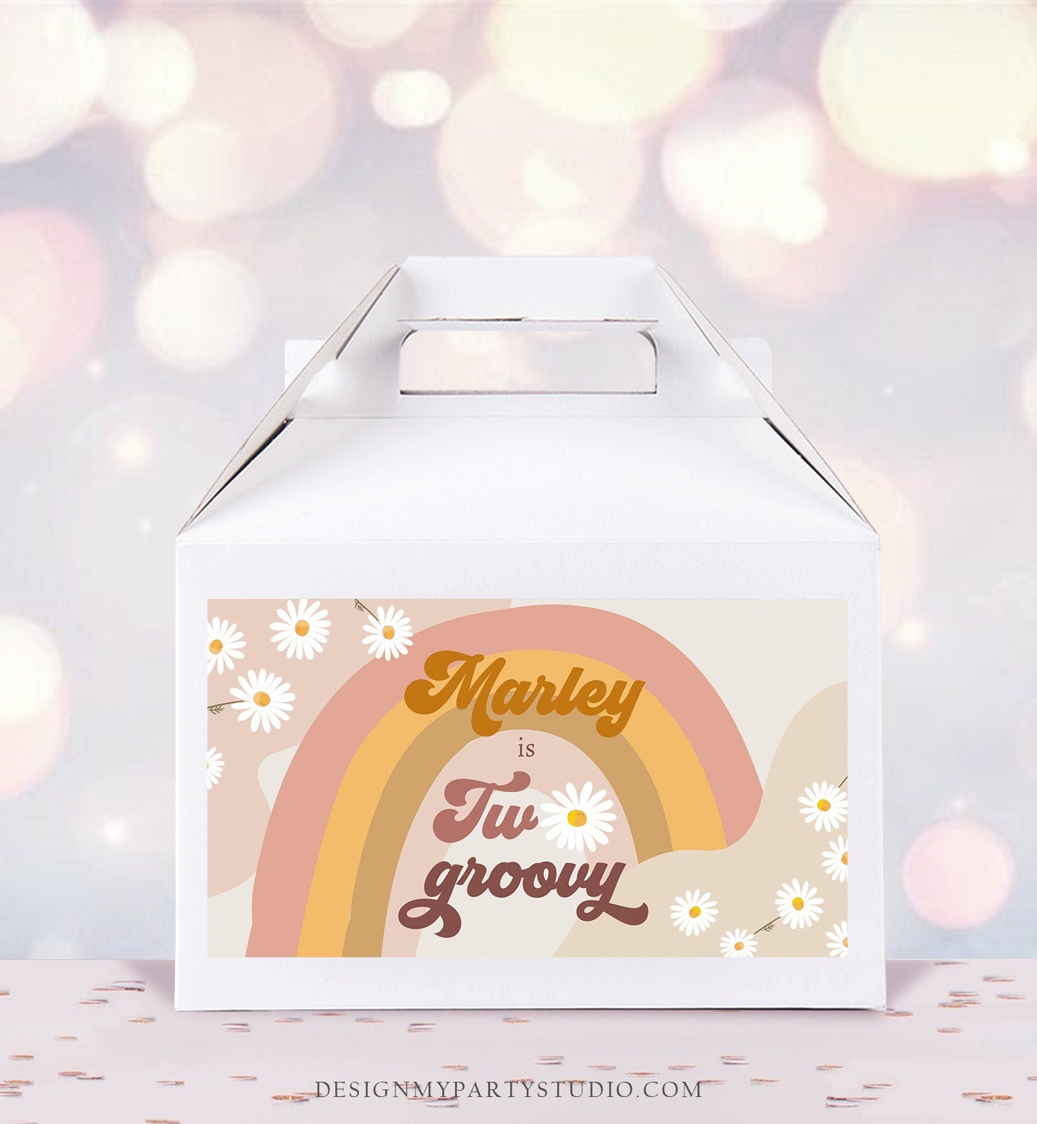 Editable Groovy Birthday Party Gable Box Favor Label Hippie 70's Gift Box Festival Two Groovy Daisy Digital Download Template Printable 0428