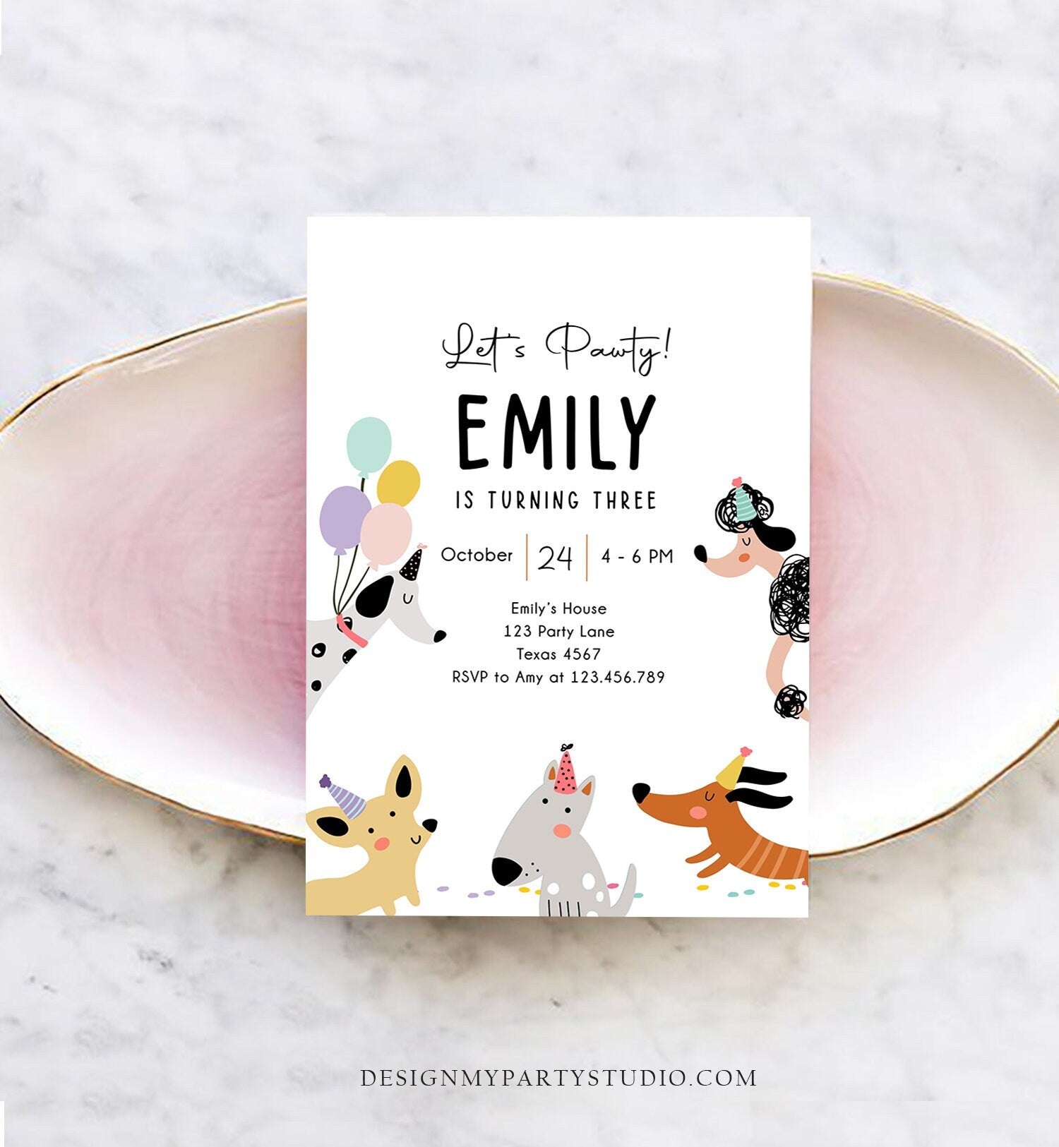 Editable Dog Birthday Party Invitation Puppy Birthday Invite Pink Girl Pawty Birthday Animal Pet Digital Download Template Printable 0429