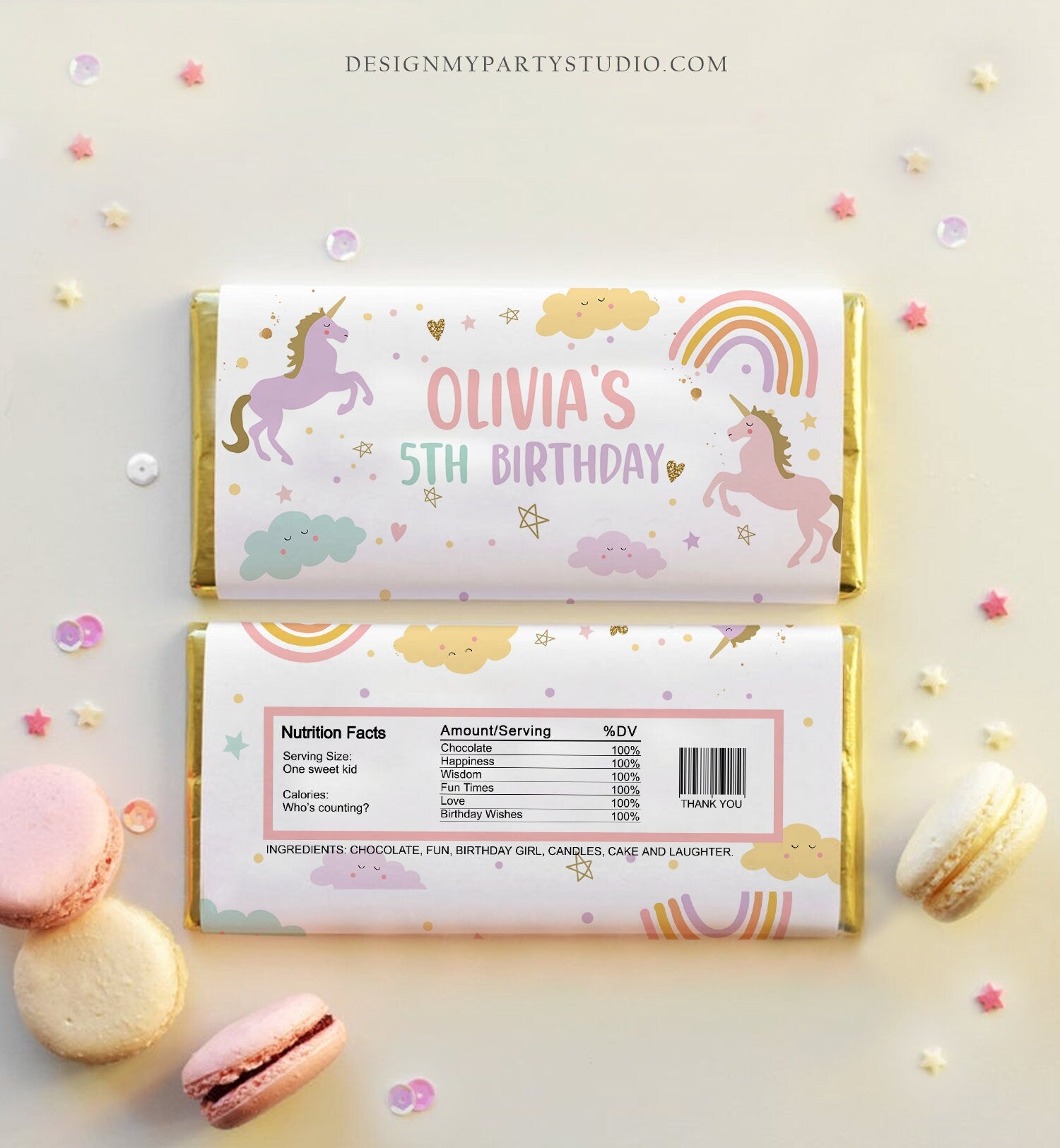 Editable Unicorn Candy Bar Wrapper Pastel Unicorn Chocolate Bar Labels Magical Label Rainbow Girl Digital Download Template Printable 0426