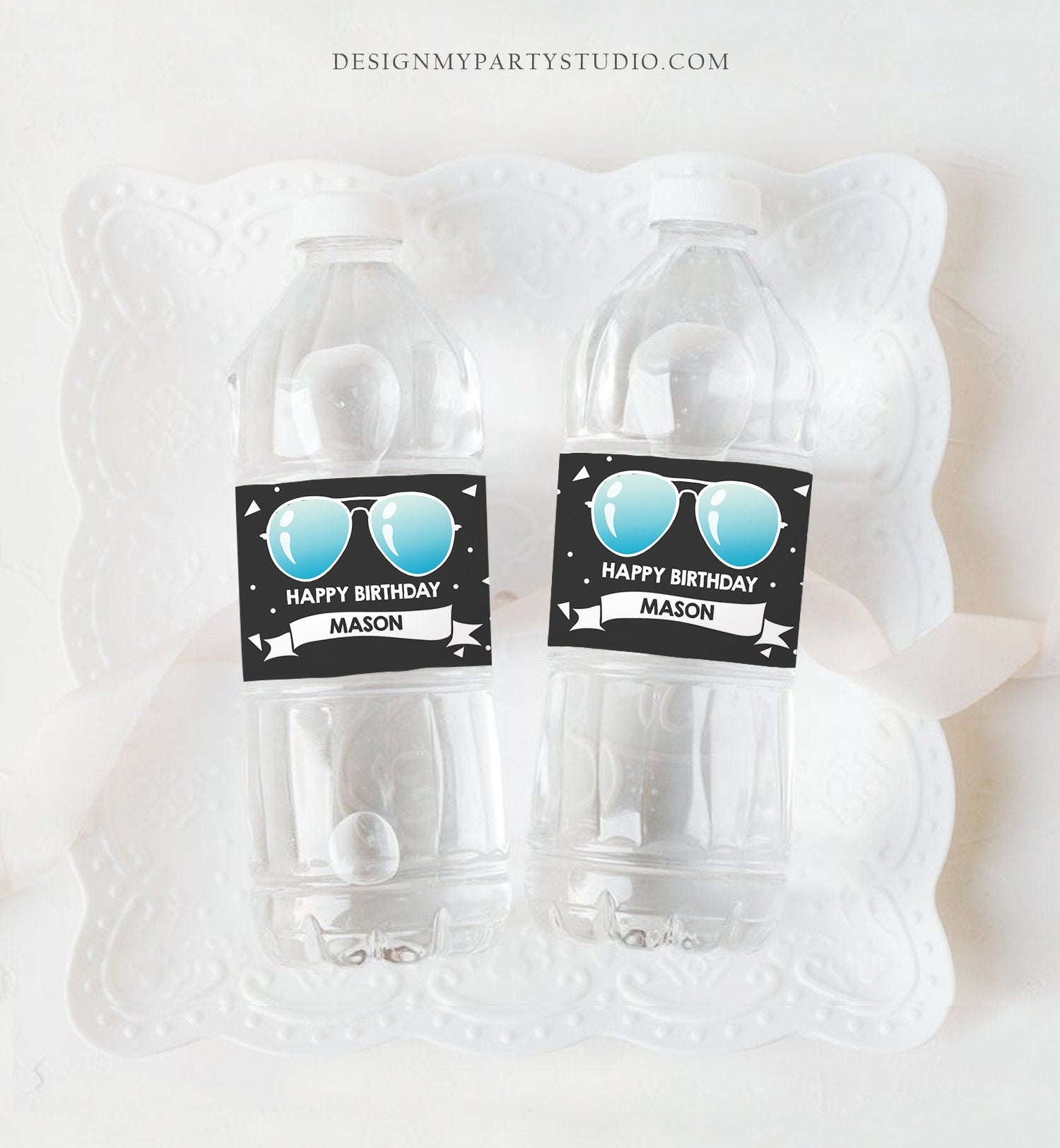 Editable Water Bottle Labels Sunglasses Two Cool Birthday Boy 2nd Birthday Summer I'm This Many Palm Decor Printable Template Corjl 0136