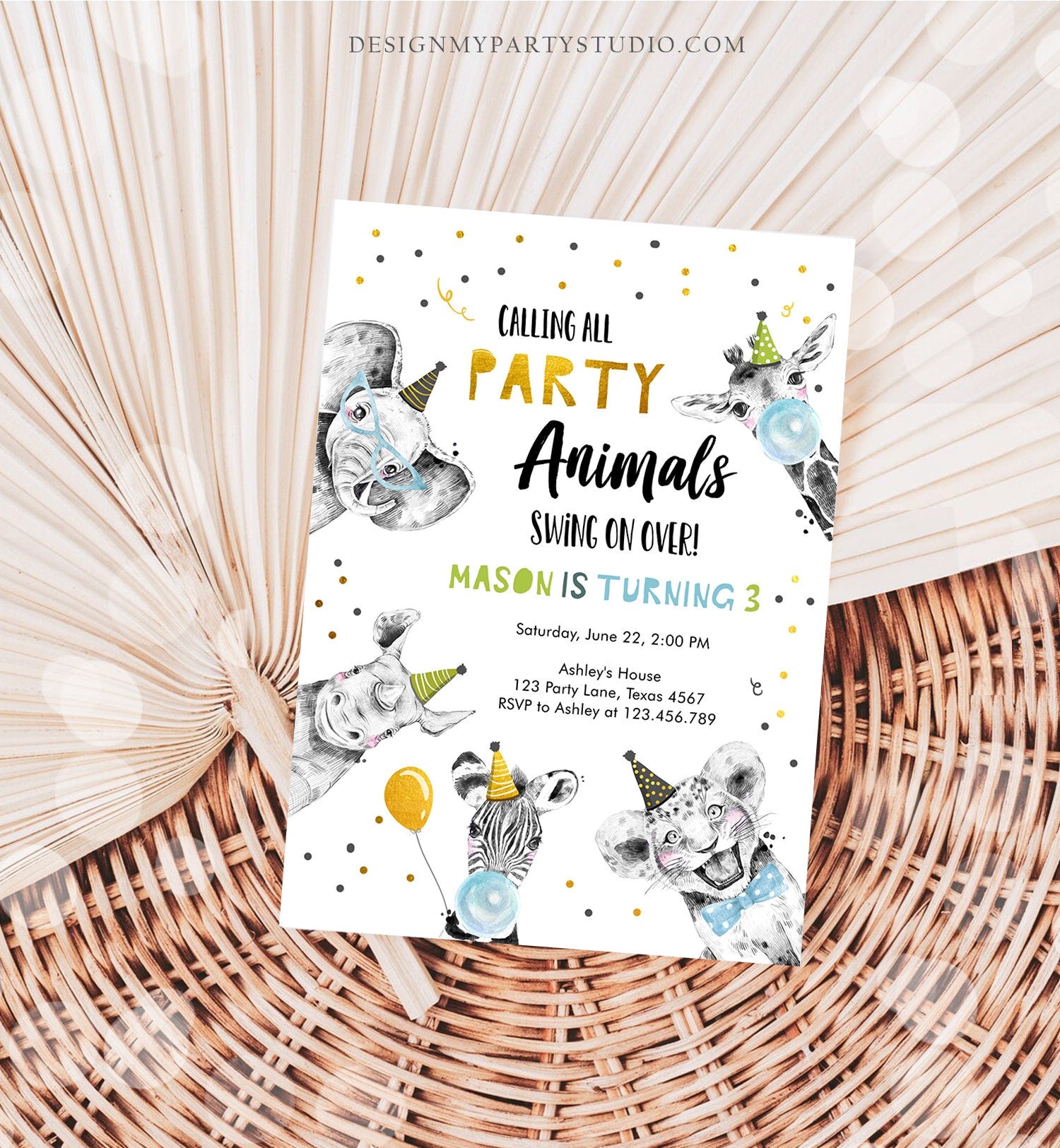 Editable Party Animals Birthday Invitation Wild One Party Animals Zoo Safari Animals Boy Digital Download Evite Template Printable 0390
