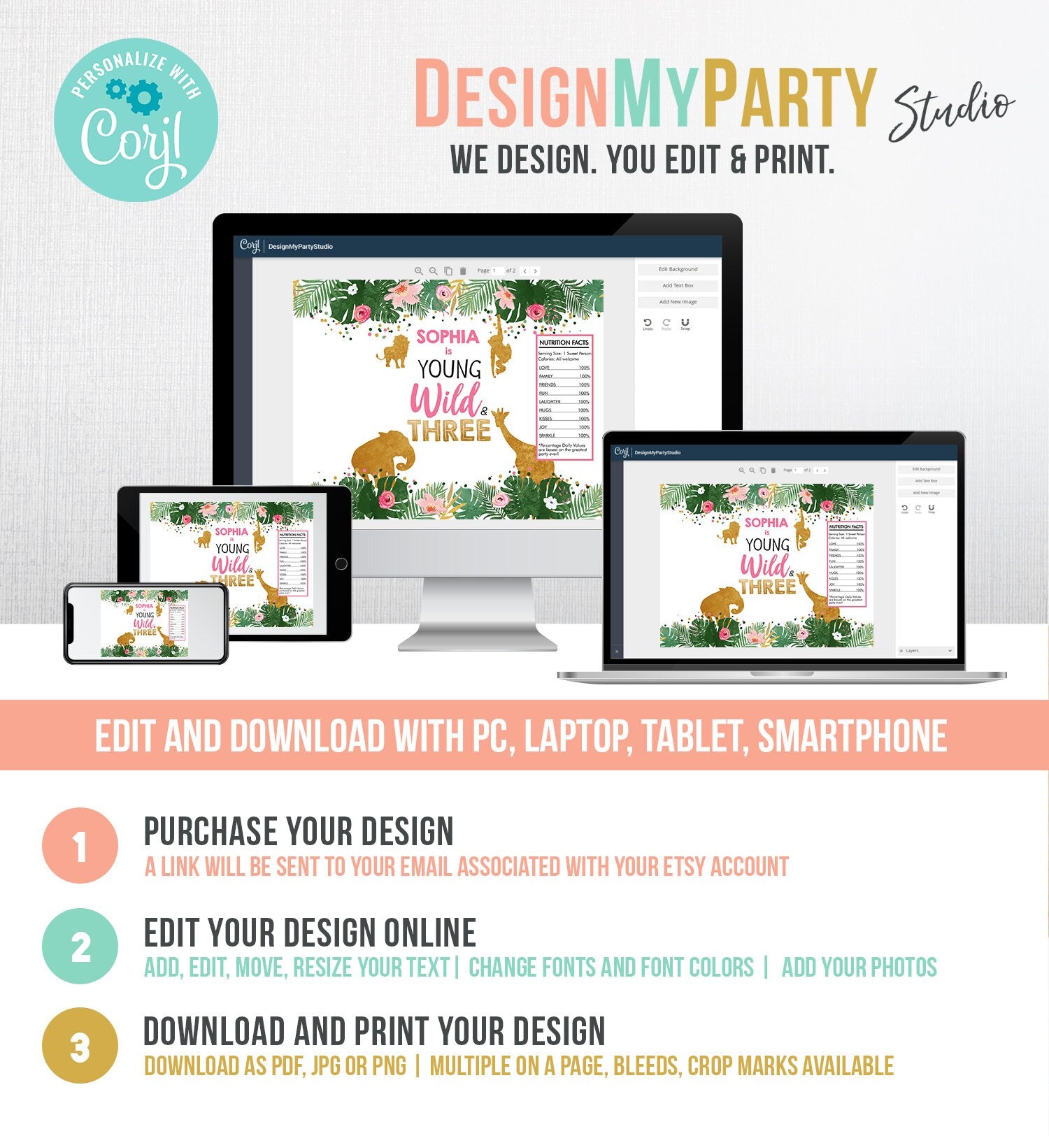 Editable Safari Animals Chip Bag Young Wild and Three Party Girl Third Birthday 3rd Party Snack Favors Gold Corjl Template Printable 0016