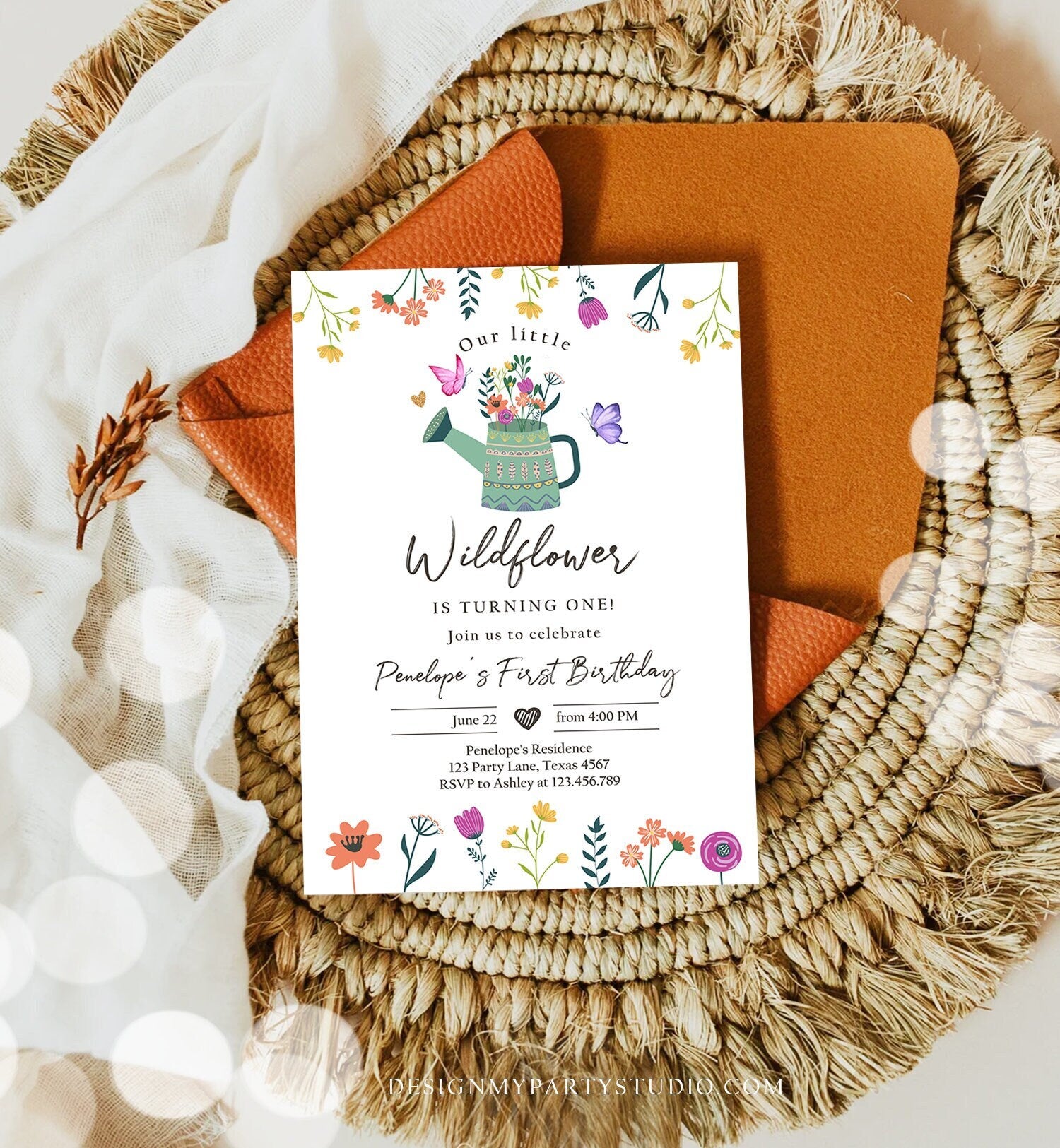Editable Wildflower First Birthday Invitation 1st Birthday Girl Wild Flower Garden Party Boho Floral Download Evite Template Printable 0396