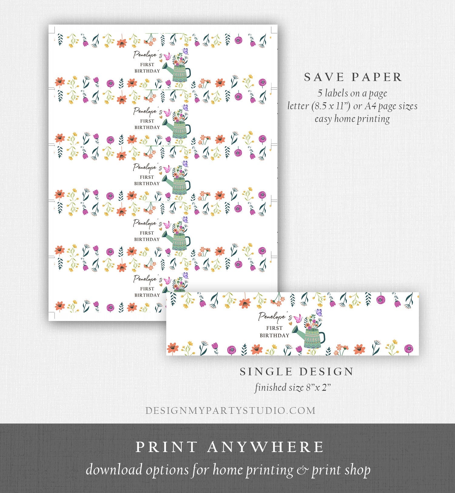 Editable Wildflower Water Bottle Label Wildflower Birthday Decor Floral 1st Birthday Butterfly Printable Bottle Wrap Template Printable 0396