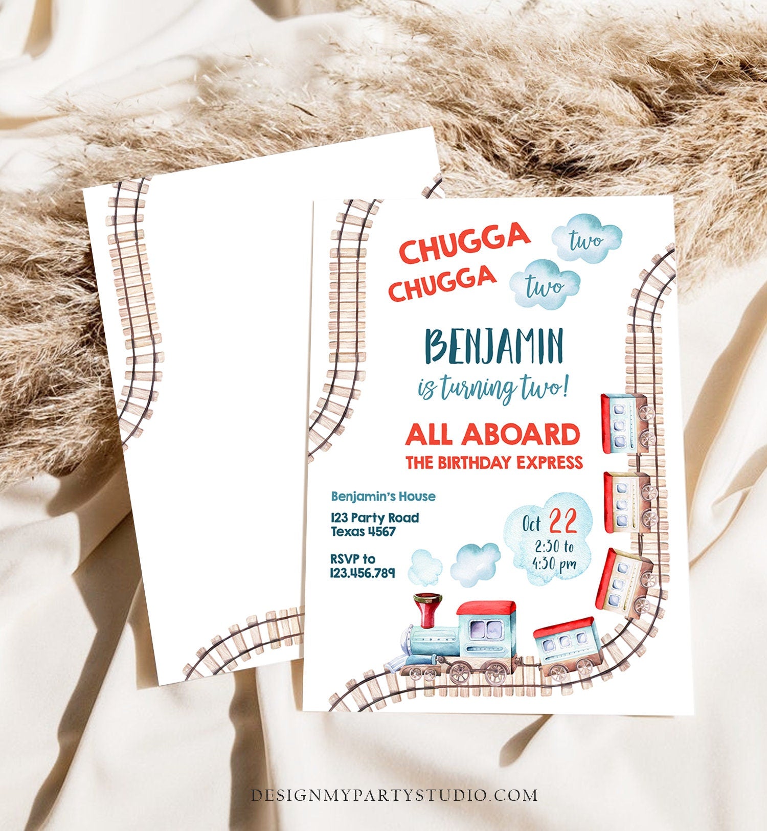 Editable Chugga Chugga Two Two Train Birthday Invitation Vintage Choo Choo Train Party Train Watercolor Template Corjl Printable 0149