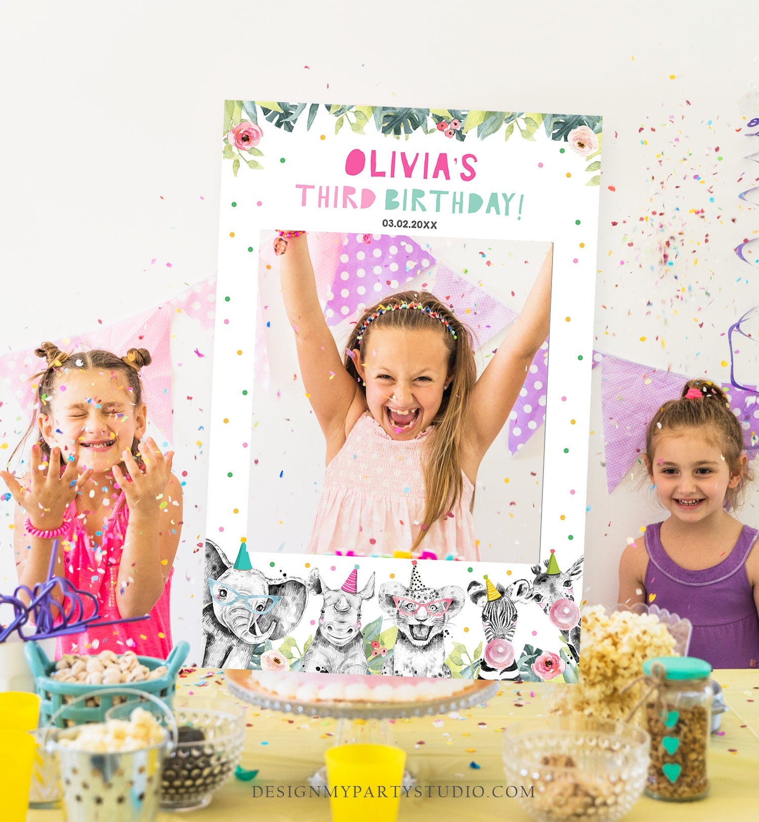 Editable Party Animals Birthday Photo Booth Sign Frame Safari Girl Birthday ANY AGE Party Photo Poster Decor Digital Template Printable 0322