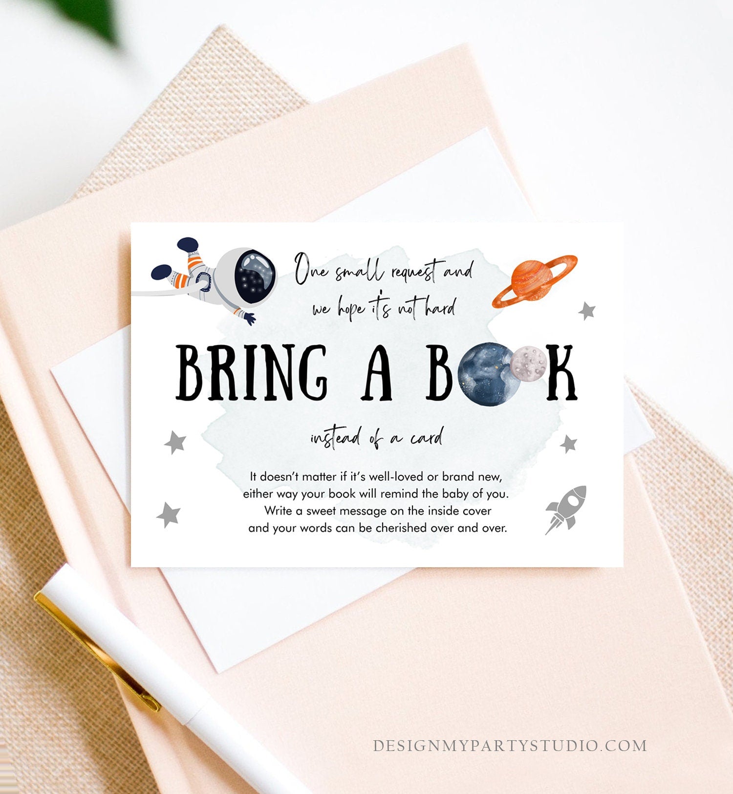 Editable Outer Space Astronaut Bring a Book Card Baby Shower Space Galaxy Watercolor Baby Boy Orange Rocket Book Insert Corjl Template 0366