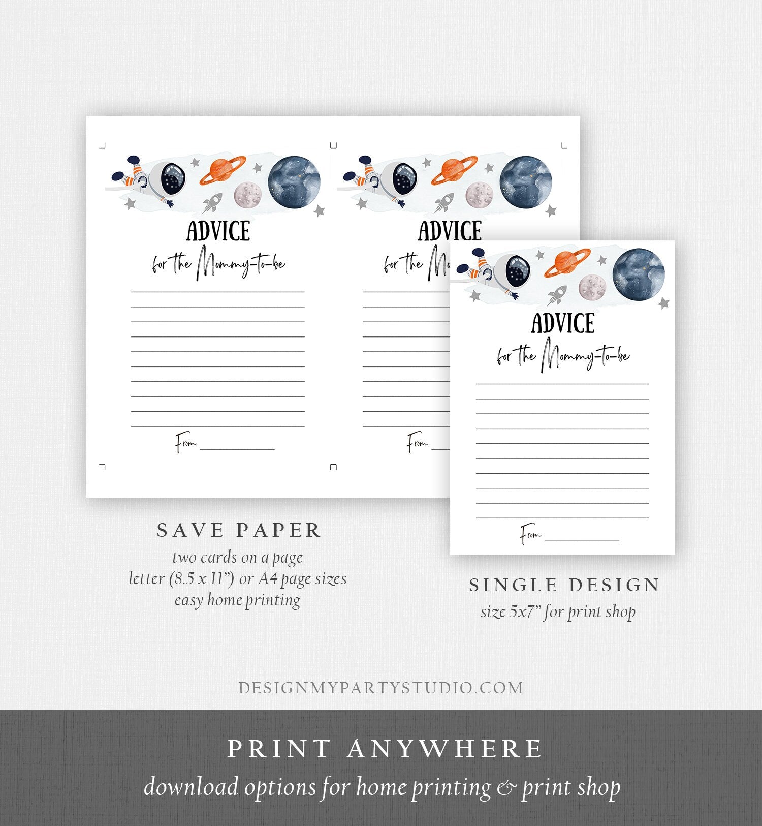 Editable Advice Card Baby Shower Game Advice for Mommy to Be Outer Space Planets Astronaut Orange Activity Digital Template Printable 0366