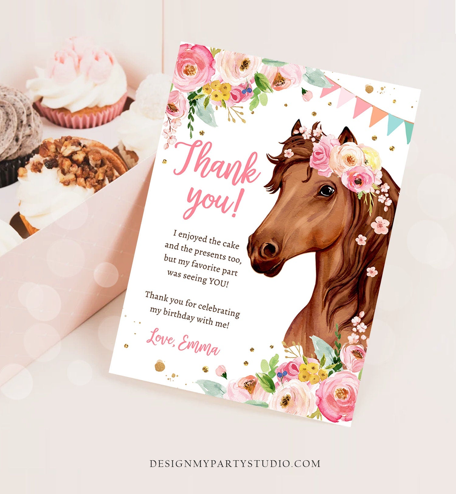 Editable Horse Thank You Card Note Girl Birthday Party Cowgirl Watercolor Pink Floral Saddle Up Download Printable Corjl Template 0408