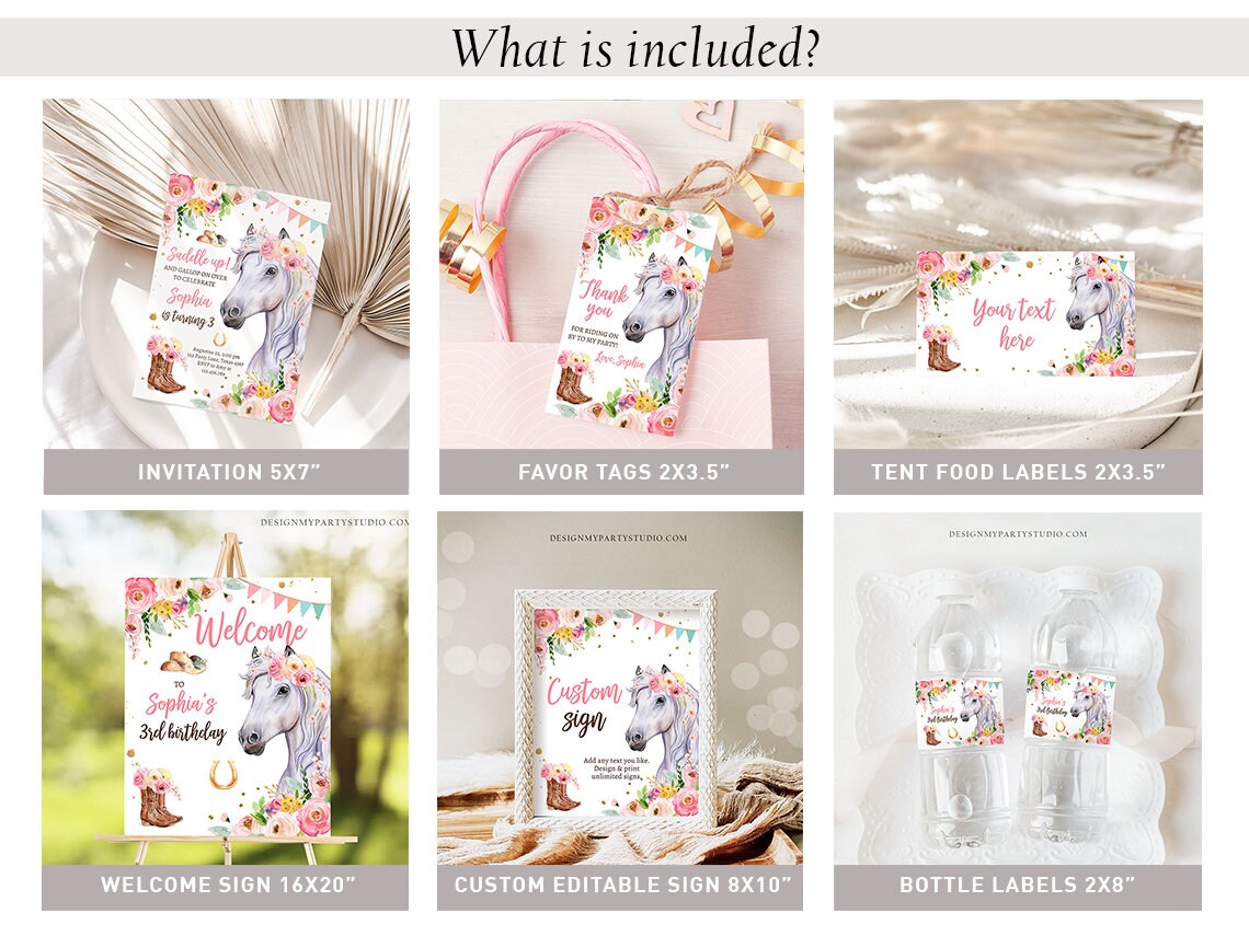 Horse Birthday Invitation Bundle Horse Party Invite Pony Birthday Saddle Up Floral Horse Girl 1st Birthday Printable Corjl Template 0408