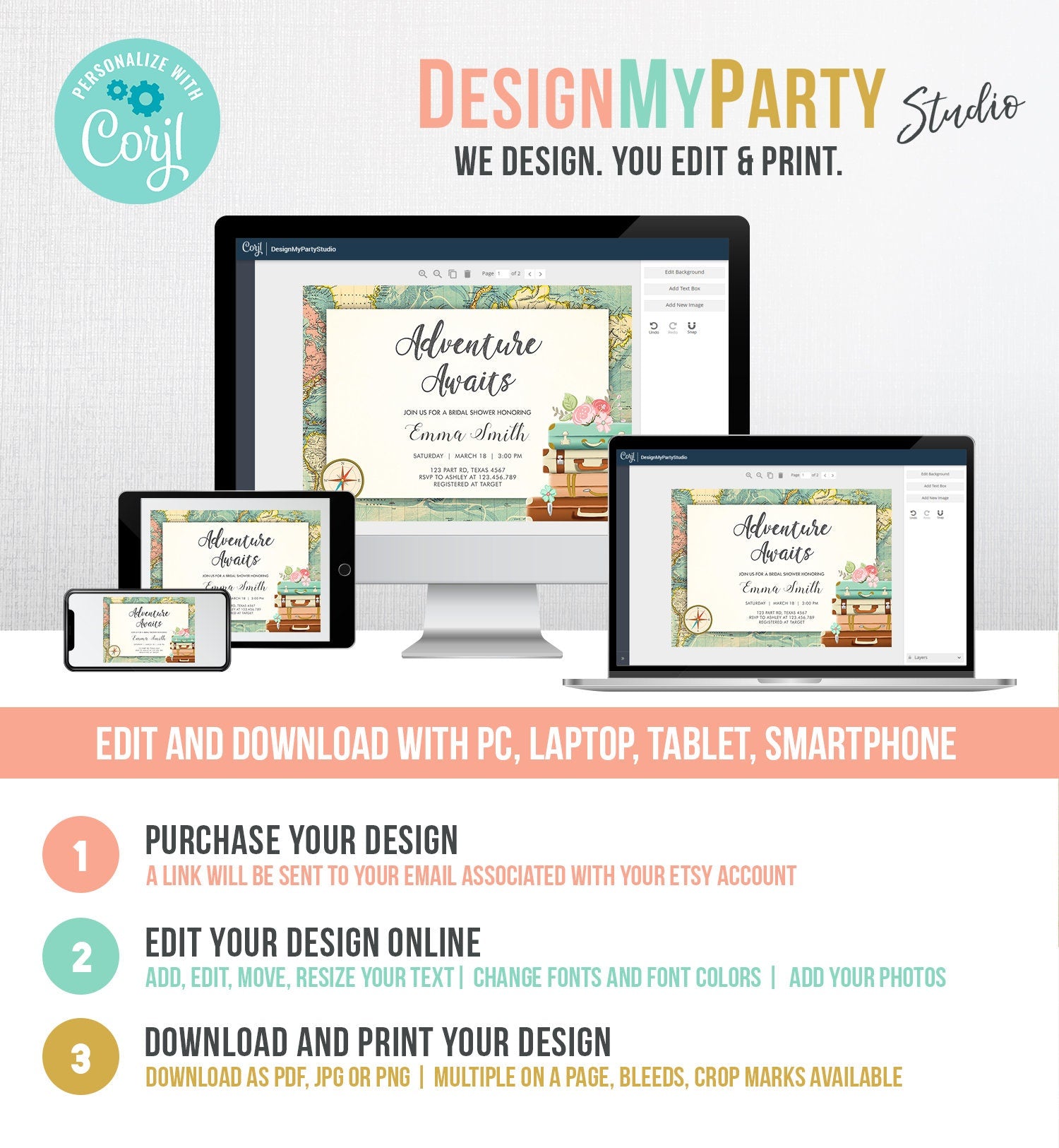 Editable Adventure Awaits Bridal Shower Invitation World Map Suitcase Vintage Adventure Map Pink Floral Template Corjl Printable 0044