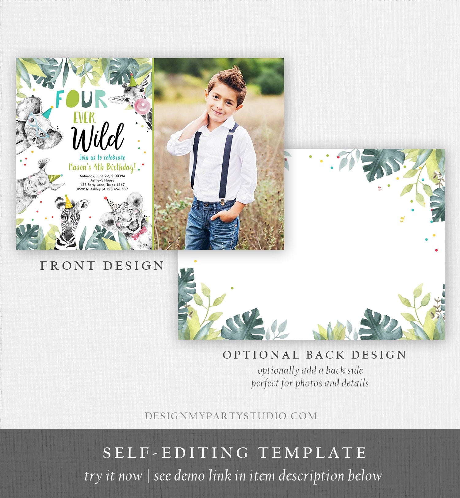 Editable Four Ever Wild Invitation Safari Animals Party Animals Boy Gold Fourth Birthday 4th Zoo Digital Evite Template Printable 0322