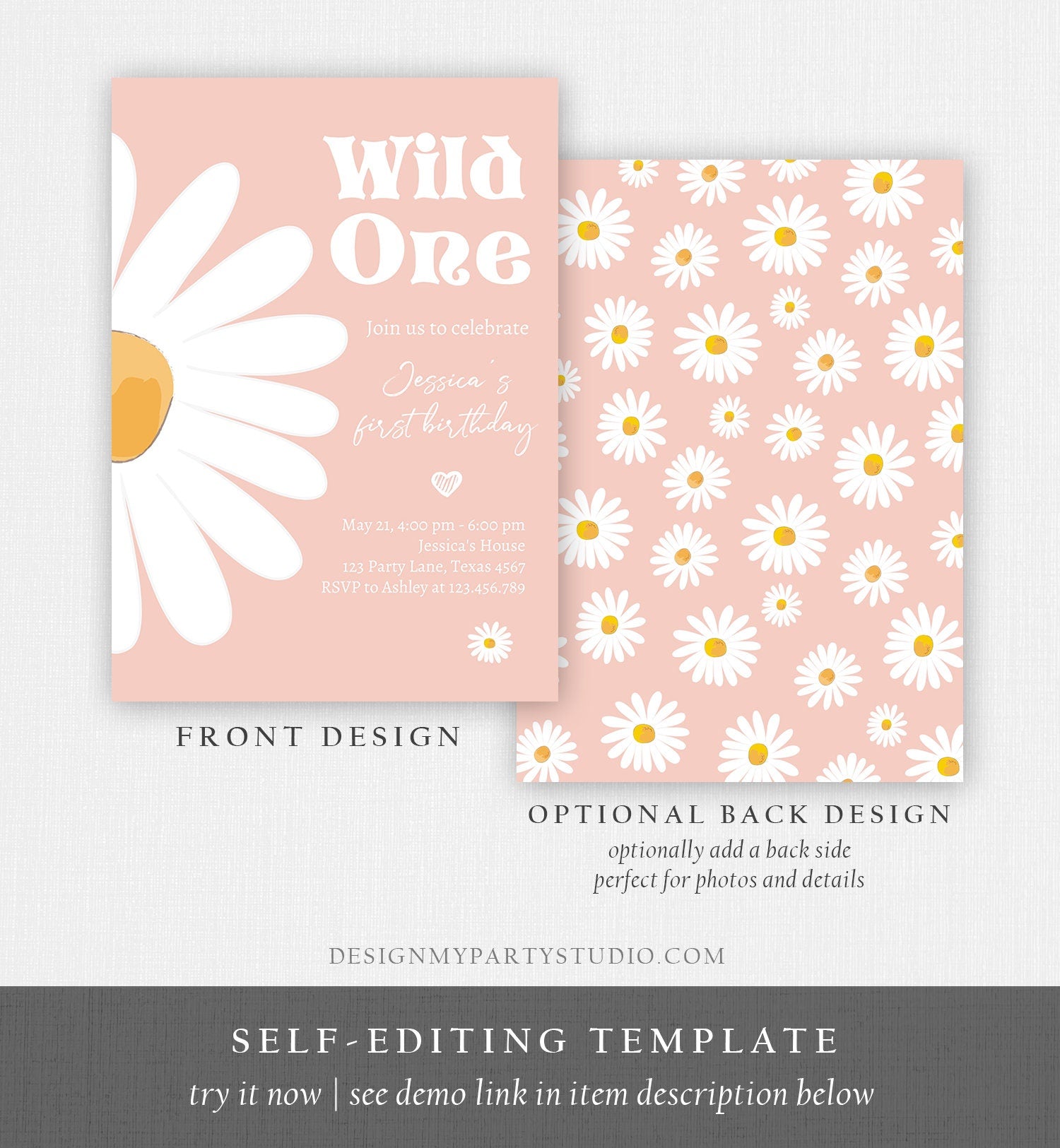 Editable Daisy Birthday Party Invitation Wild One Floral Girl Boho Pink First Birthday 1st Digital Download Template Corjl Printable 0410