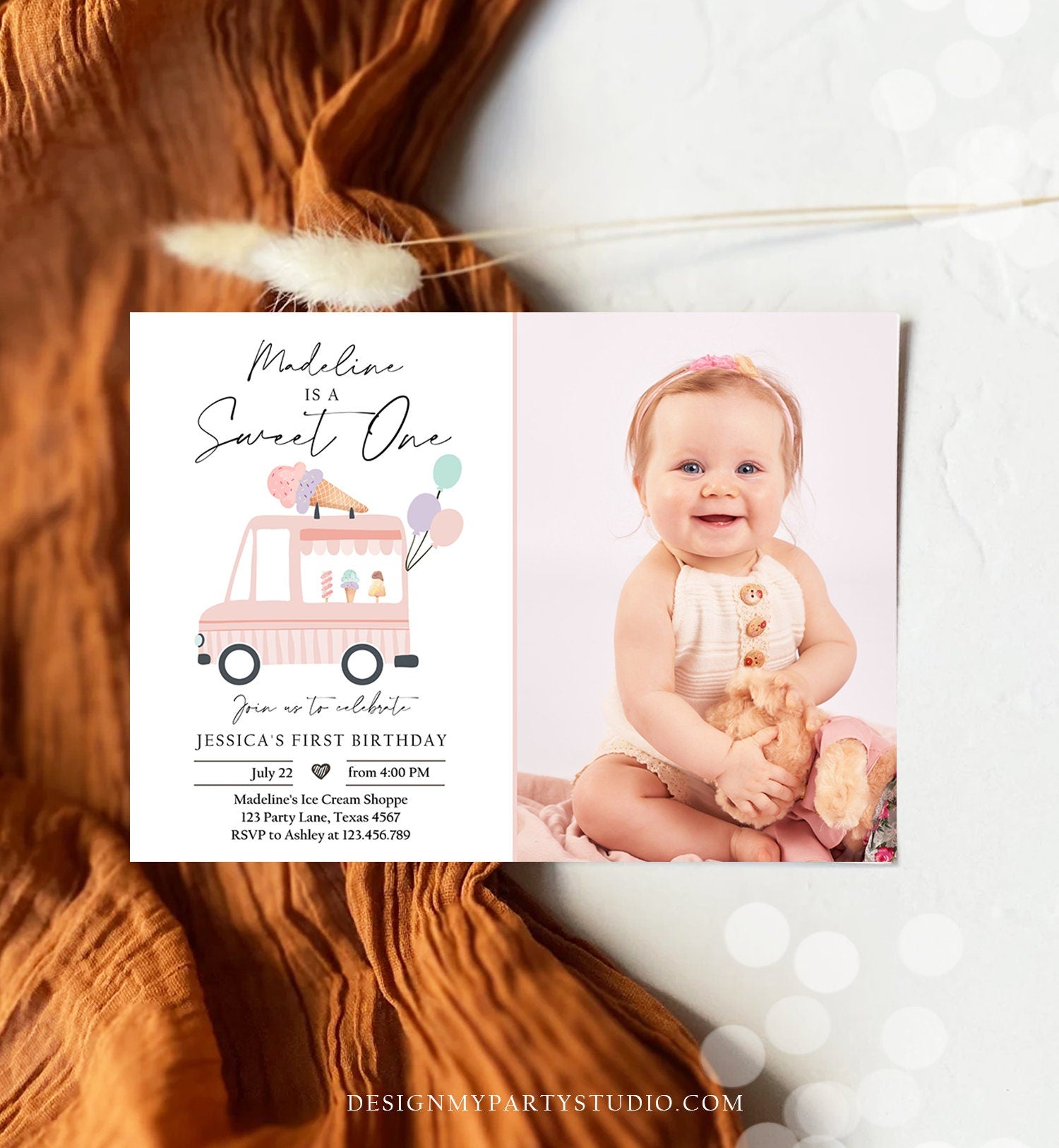 Editable Ice Cream Truck Birthday Invitation Ice Cream Sweet One Modern 1st Birthday Party First Download Printable Template Corjl 0415
